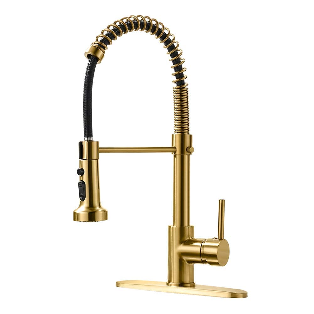 Gold Kitchen Faucet with Pull Down Sprayer,Commercial Single Handle Brushed Gold Kitchen Sink Faucet with Deck Plate