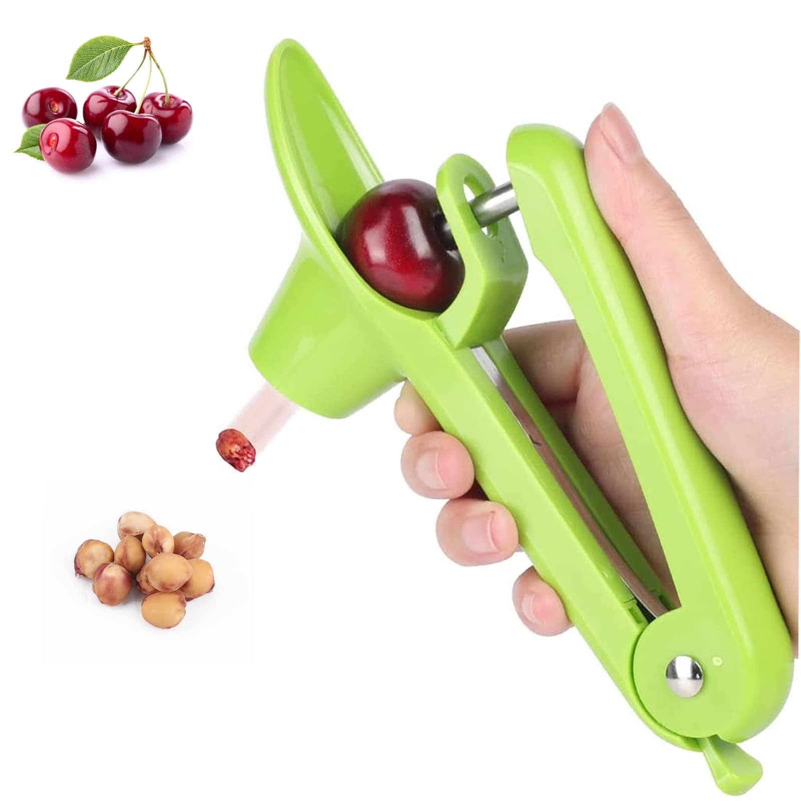 Cherry Pitter - Heavy-Duty Olive and Cherry Pitters Corer Tool with Space-Saving Lock Design, Multi-Function Cherries Stoner Seed Remover Tool for Making Cherry Jam (Green)