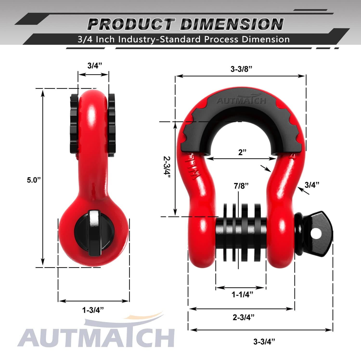 AUTMATCH D Ring Shackle 3/4" Shackles (2 Pack) 41,887Ibs Break Strength with 7/8" Screw Pin and Shackle Isolator Washers Kit for Tow Strap Winch Off Road Vehicle Recovery Red & Black