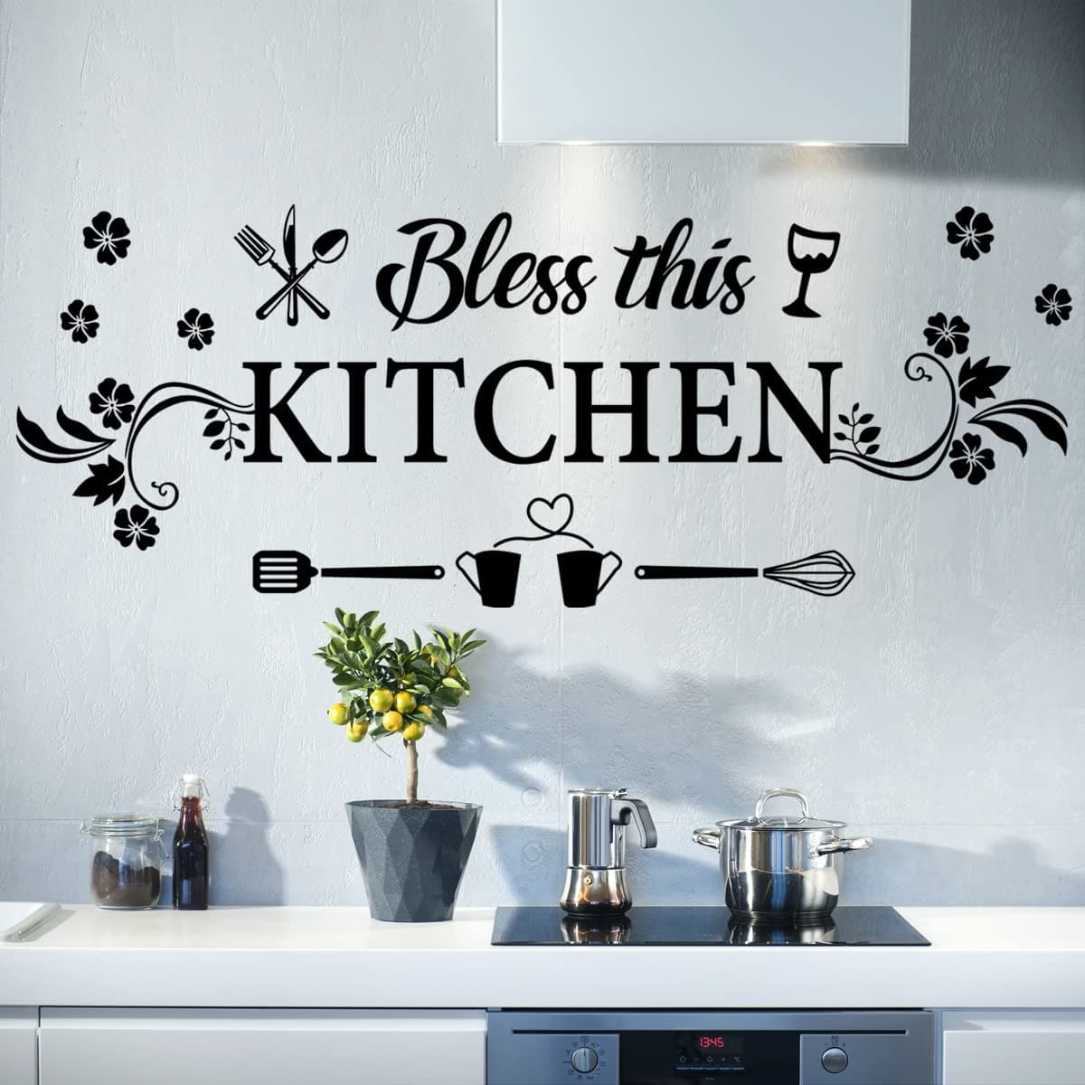 CASADECOR Kitchen Wall Decor Sticker Kitchen Quotes Bless This Kitchen Wall Decals Flower Art Removable DIY Vinyl Wall Stickers for Kitchen Dining Baking Room Bar Restaurant Home Decor.