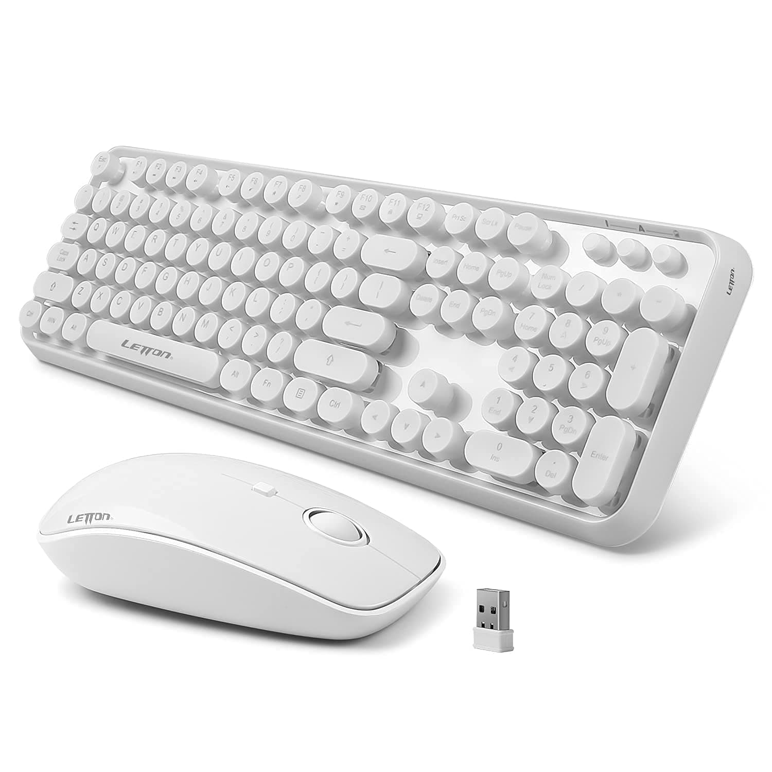 LETTON Wireless Keyboard Mouse Combo, 2.4GHz White Wireless Keyboard Typewriter, Full Size Office Computer Retro Keyboard and Optical Cute Mouse with 3 DPI for Mac PC Desktop Laptop