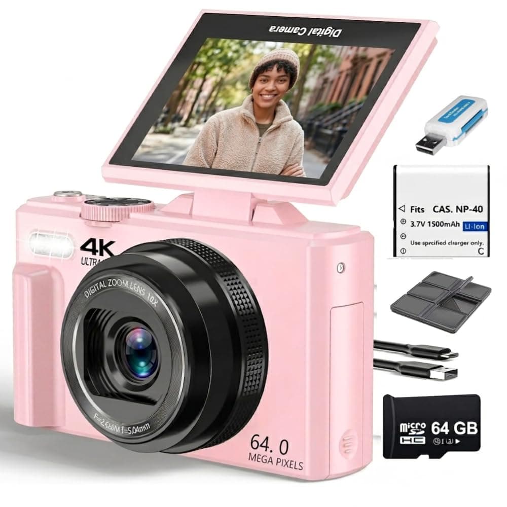 Acuvar 4K Digital Camera, 64MP Compact Digital Camera for Photography & Vlogging, Flip Screen, WiFi, 16X Zoom, Small Camera for YouTube, Beginners with 64GB Card, Pink