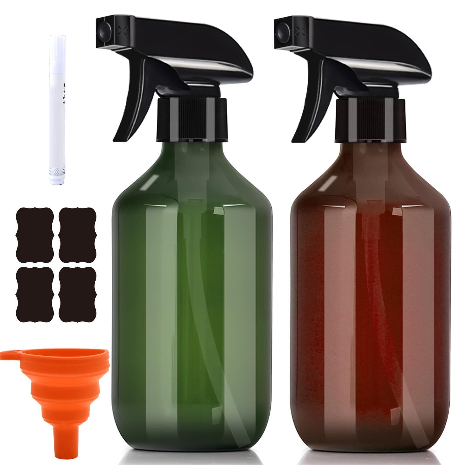 2 Pack Plastic Spray Bottle,Refillable Empty Spray Bottles 16 oz/500ml,Spray Bottles for Cleaning,Essential Oils, Hair, Plants,Adjustable Nozzle for Squirt and Mist (Amber and Green-16 oz)