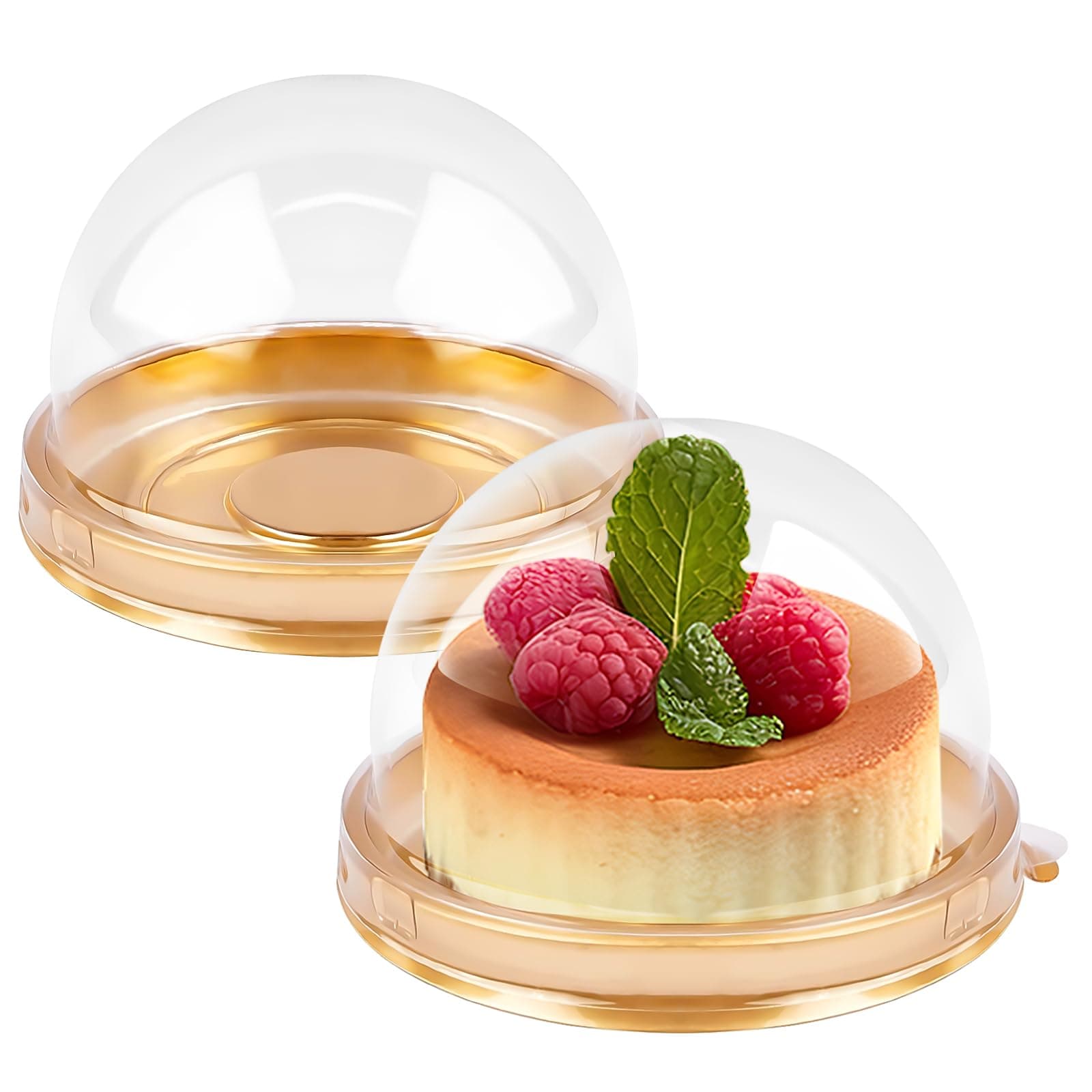 Zezzxu 100 Pack Mini Cake Containers, Clear Plastic Small Cupcake Boxes with Dome Lids for Individual Chocolate Covered Cookies, Strawberry, Mooncake (Gold)