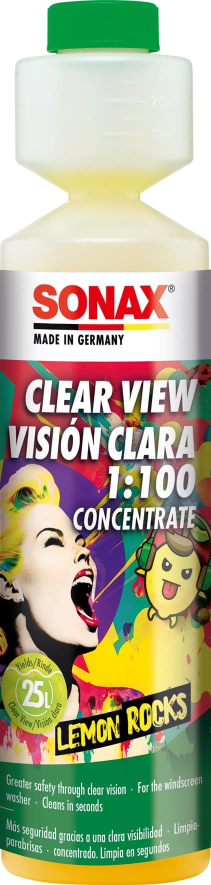 SONAX Clear View Lemon Rocks Windshield Washer Fluid 250ml | Refreshing Lemon Fragrance via AC Vent | Windscreen Cleaning Liquid | Removes Tough Dirt & Grime | 1:100 Concentrate | Art.No.03701410