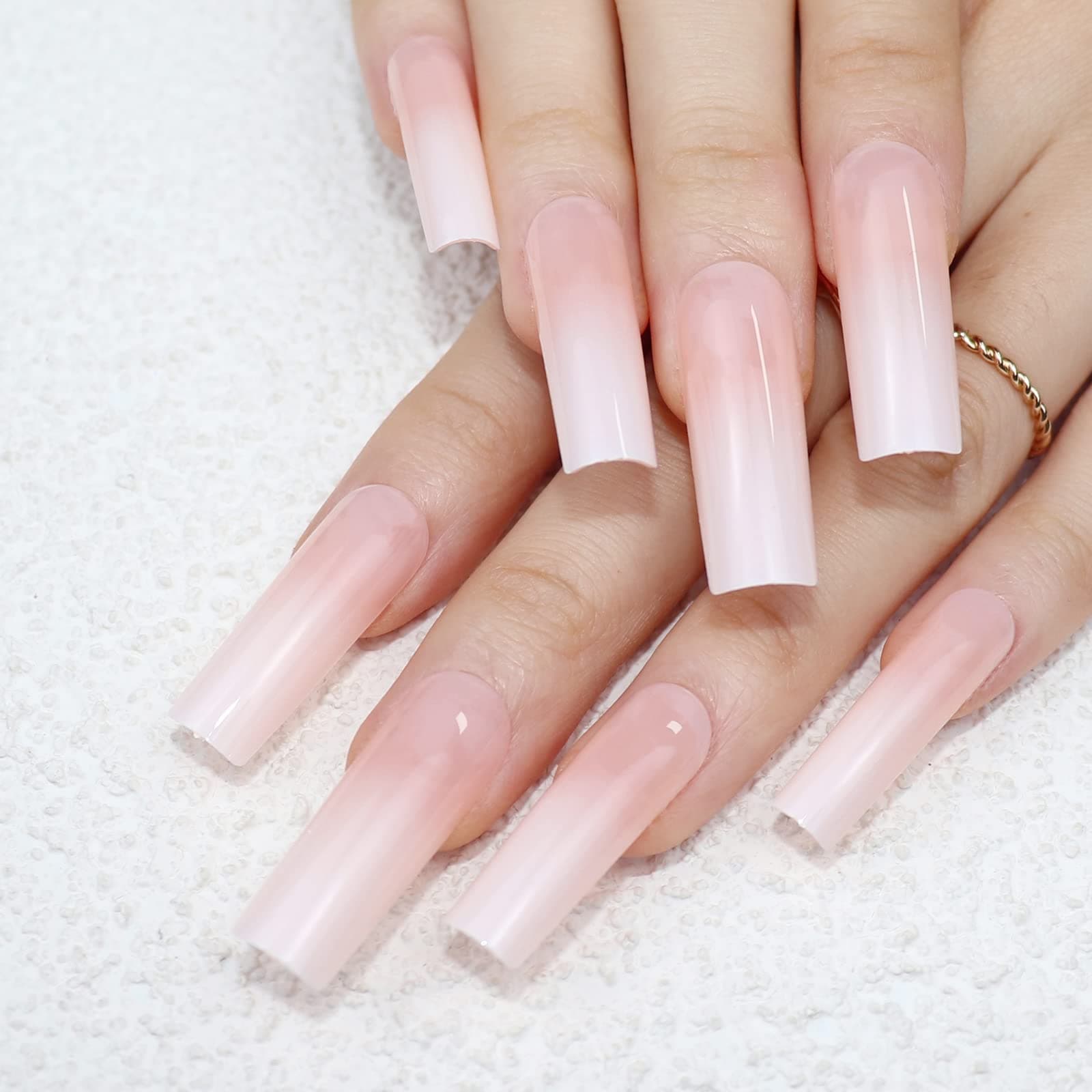IMSOHOT Extra Long Square Press on Nails Gradient Nude Pink Glossy Fake Nails Squoval False Nails Full Cover Acrylic Glue on Nails for Women and Girls DIY