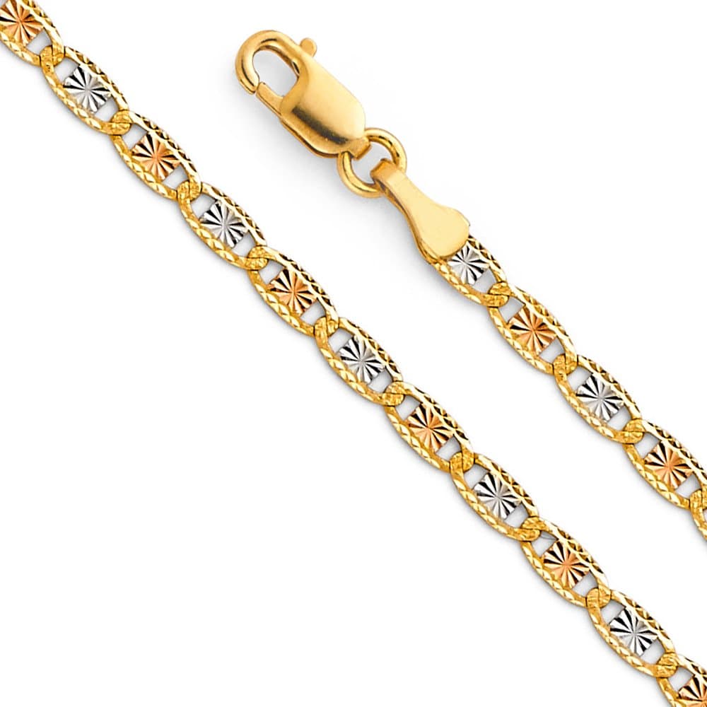 14k REAL Tri Color/White Gold Solid 4mm, 3mm, 2.5mm, 2mm Diamond Cut Chain Necklace with Lobster Claw Clasp