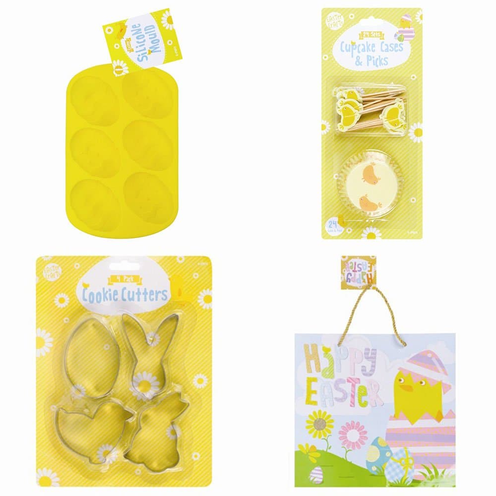 Easter Cooking & Baking Set - Includes Easter Silicone Egg Moulds | Easter Cookie Cutter set | Easter Cupcake Cases And Picks set | Easter Gift Bag - ( Yellow Design )