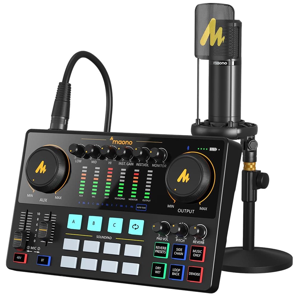 Podcast Equipment Bundle with Audio Interface and XLR Condenser Microphone, MaonoCaster with 48V Phantom Power, Bluetooth for Podcast, Streaming, Voice Over, Youtube, PC, Guitar (AME2A)