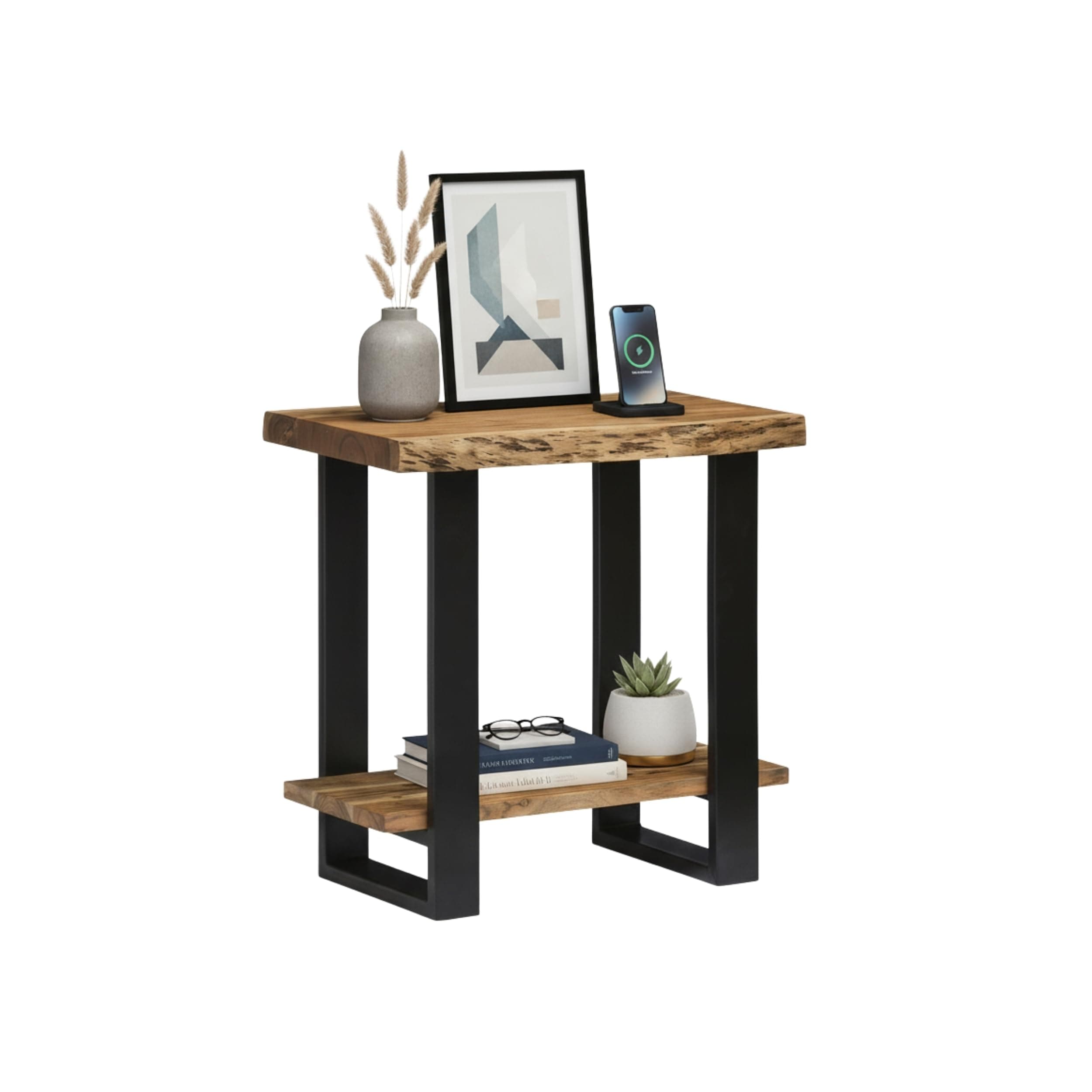 Alpine End Table with Live Edge Design and Metal Frame – 2-Tier Solid Acacia Wood Side Table with Storage Shelf – Modern Nightstand or Accent Table for Living Room (27 Inch)