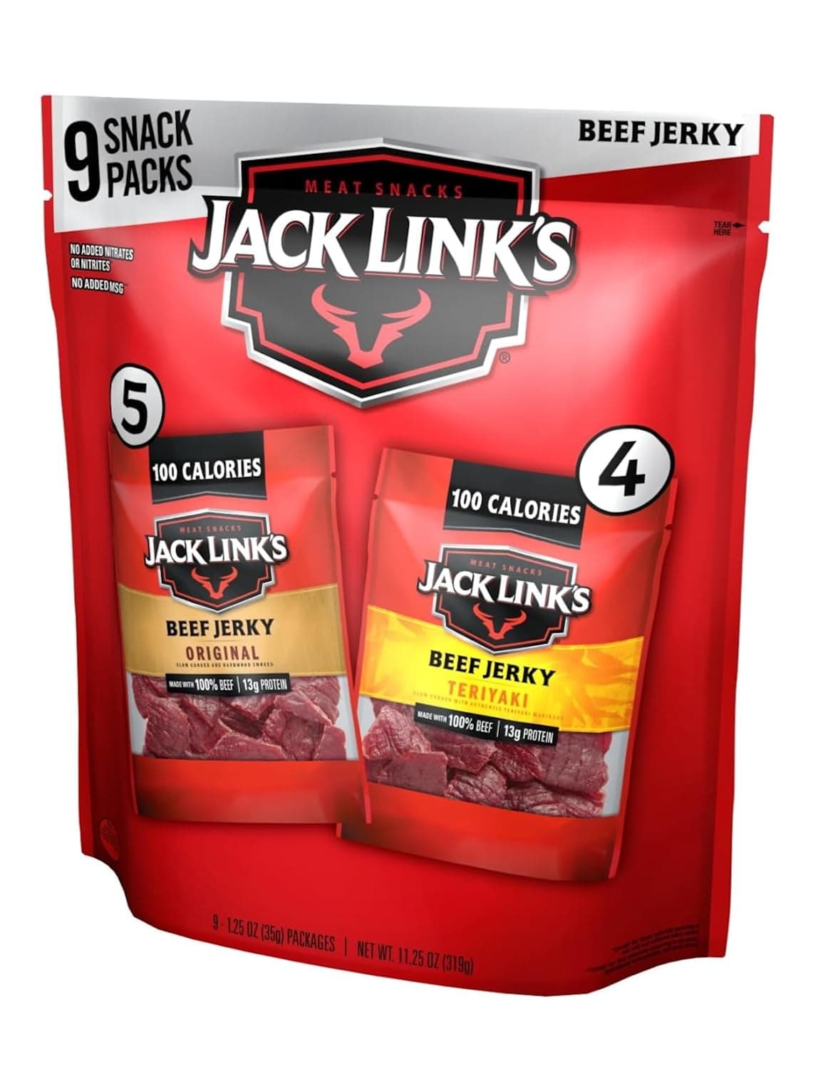 Jack Link's Beef Jerky Variety Pack - Original and Teriyaki - (9 Pack) 1.25 oz Bag - Ready to Eat Protein Snacks - 13g Protein per Serving - Made with 100% Real Beef