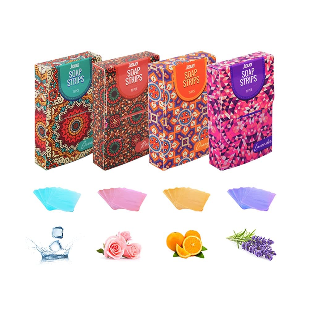 300pcs Soap Sheets Gift Box Portable Foaming Disposable 4 Scented Paper Soap x75 Pack Hand Washing Cleaning Paper Soap Dissolvable Strips Dry Sheets Skin Friendly for Kids Adult Travel Camping Hiking