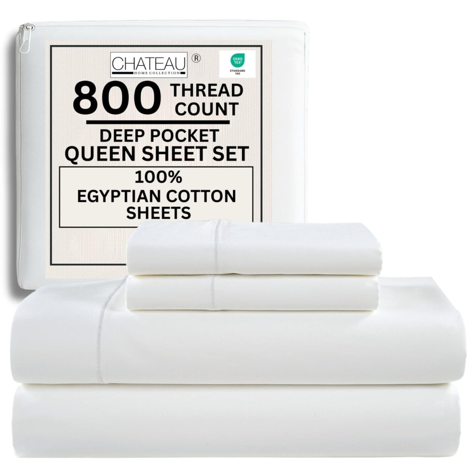 100% Egyptian Cotton Sheets Queen Size Bed Set, 15" Deep Pocket Queen Sheet set, 800 Thread Count Sateen Cotton Bed Sheet, Cool Soft Breathable No Pill Elasticated Luxury White Bedding For All Seasons