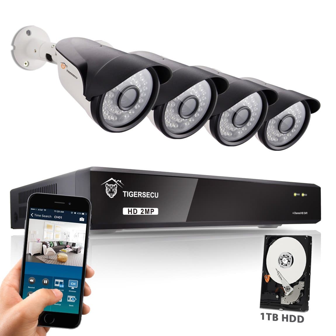 TIGERSECU Wired Home Security CCTV Camera System - Super HD 1080P 4-Channel Hybrid 5-in-1 DVR NVR Recorder, 1TB Hard Drive, 4 Indoor Outdoor Security Cameras, Supports Analog and IP Cameras