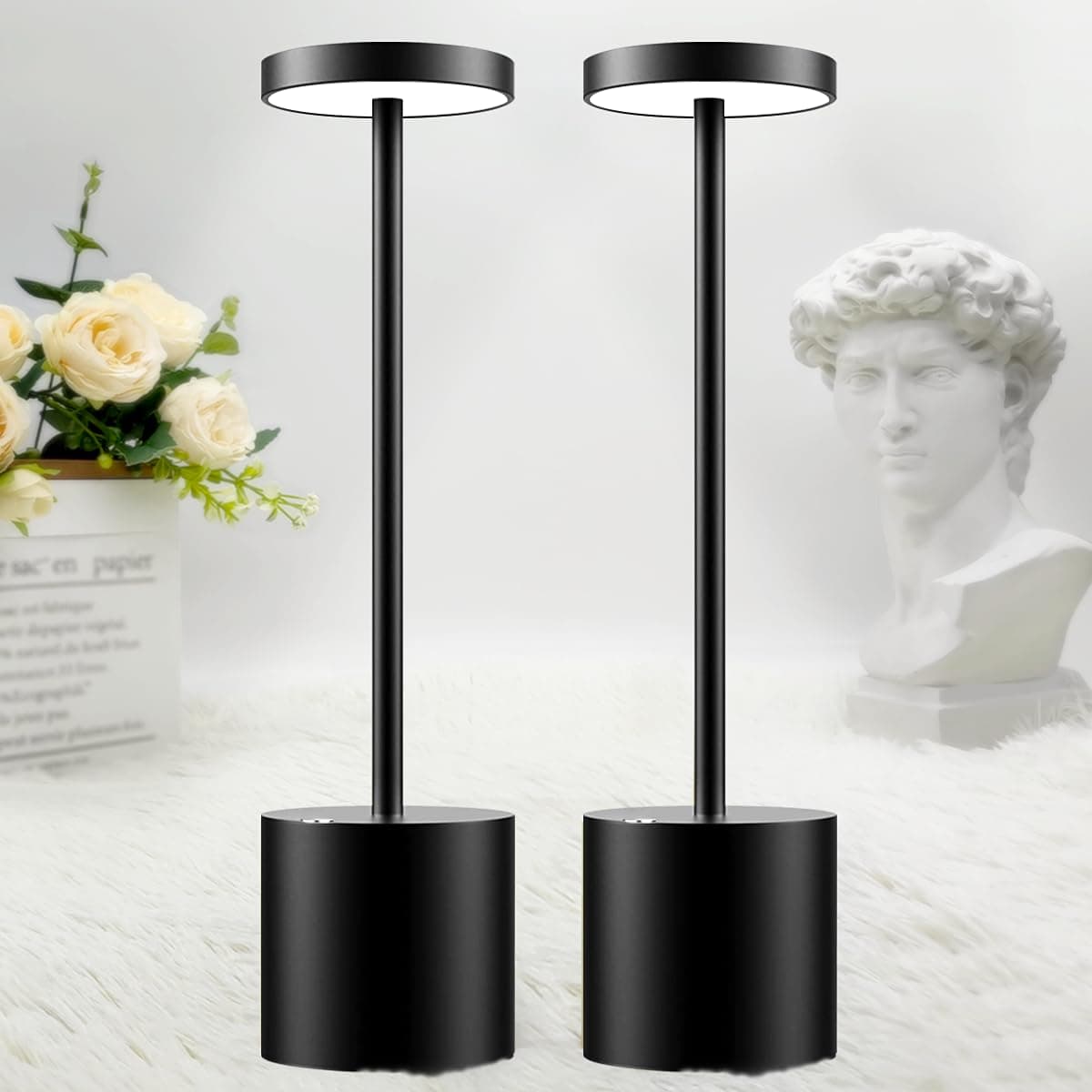 HapfishWireless LED Table Lamp, 5000 mAh Bedside Lamp, 2 Pieces USB Rechargeable Battery Light, Dimmable Light, 3 Colour Modes, for Outdoor Desk Table Restaurant Bedside Table