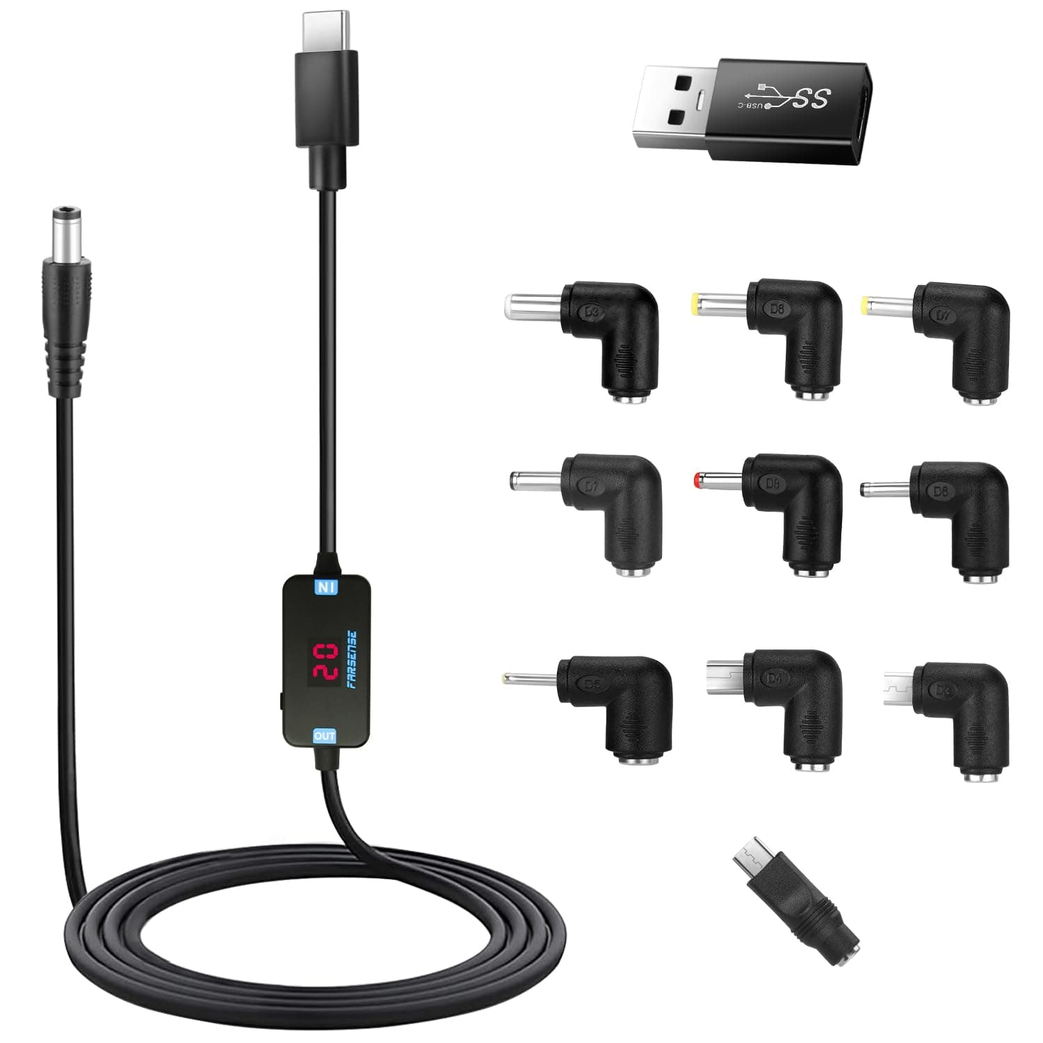 USB C to DC Adapter,Barrel PD Trigger Cable(3.3ft) with 10 Connector Tips,USB to DC Power Cable can Switch Voltage by Pressing The Key,Support LED Display Voltage