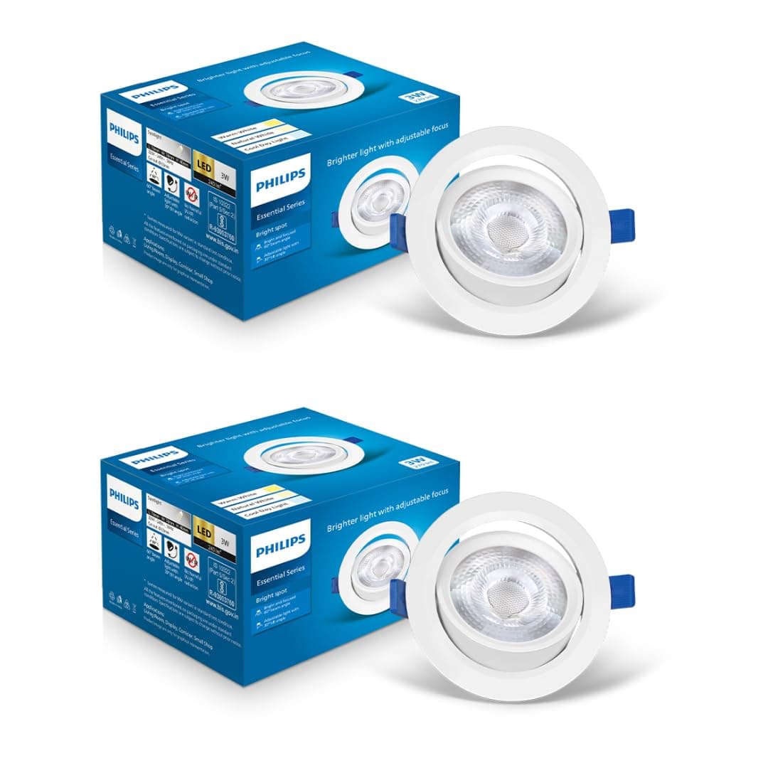 Philips Polycarbonate 3 Watt White Led Ceiling Cob Round Spot Light With Adjustable Tilt|Cut Out: 63Mm|Cool Day Light,Pack Of 2 (Brightspot)