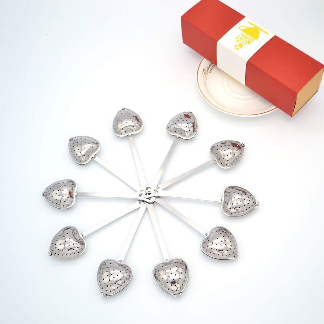 Tea Infuser for Loose Tea, Tea Filter Long Grip Stainless Steel Mesh Heart Shaped Tea Strainer Spoon, 10 Pcs