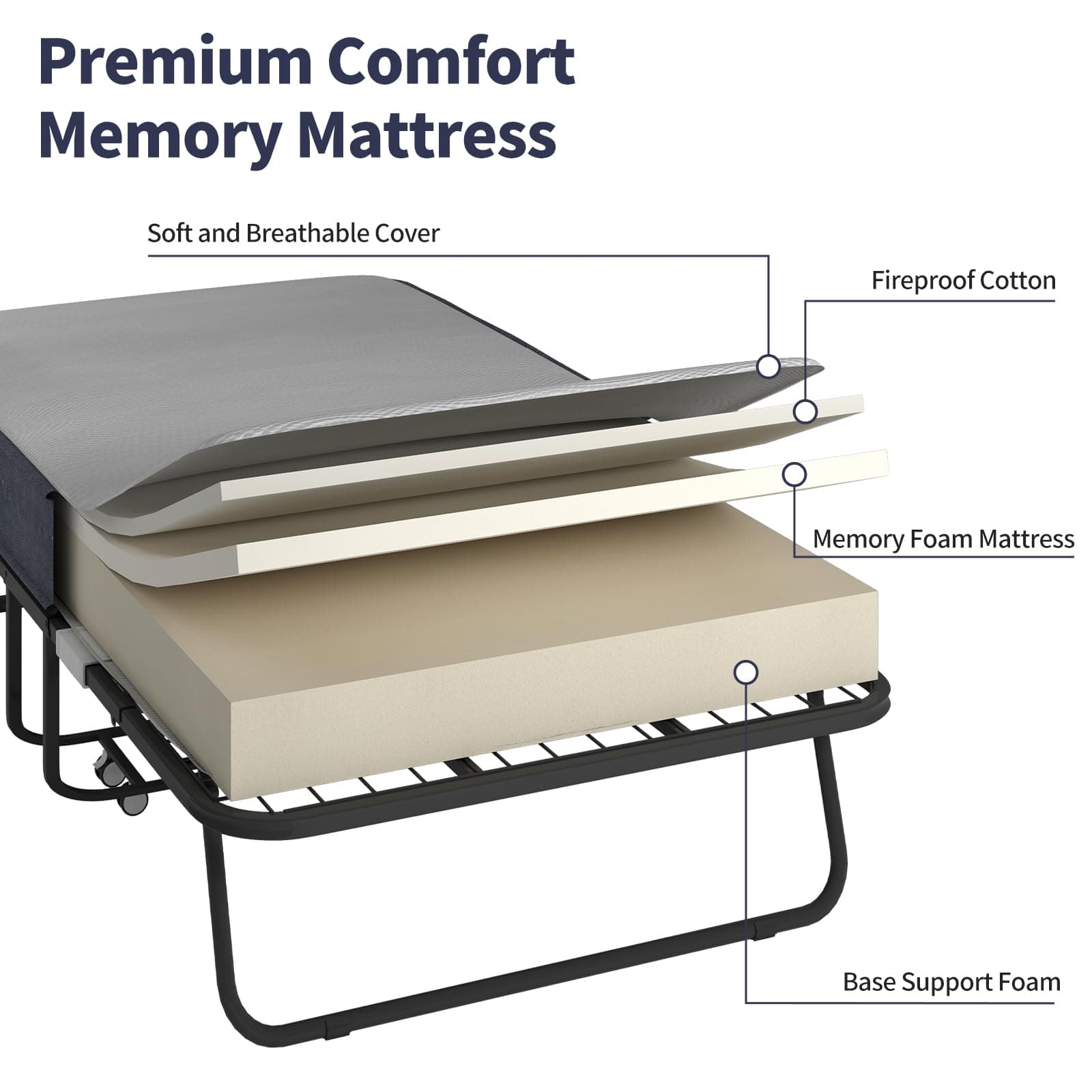 75 x 31” Folding Bed, Fold Up Rollaway Bed with 4” Memory Sponge for Adults, Foldable Portable Guest Beds Camping Cot, Roll Away Sleeping Beds for Adults with Wheels, Space Saving