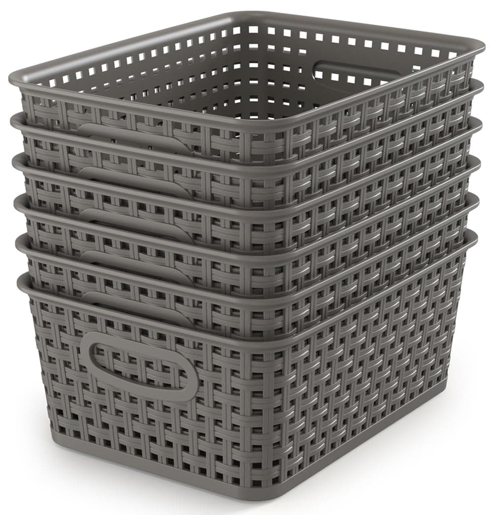 WYT Weave Storage Organizer Baskets, Grey 6-Pack Plastic Woven Baskets, 10.1" x 7.55" x 4.1"