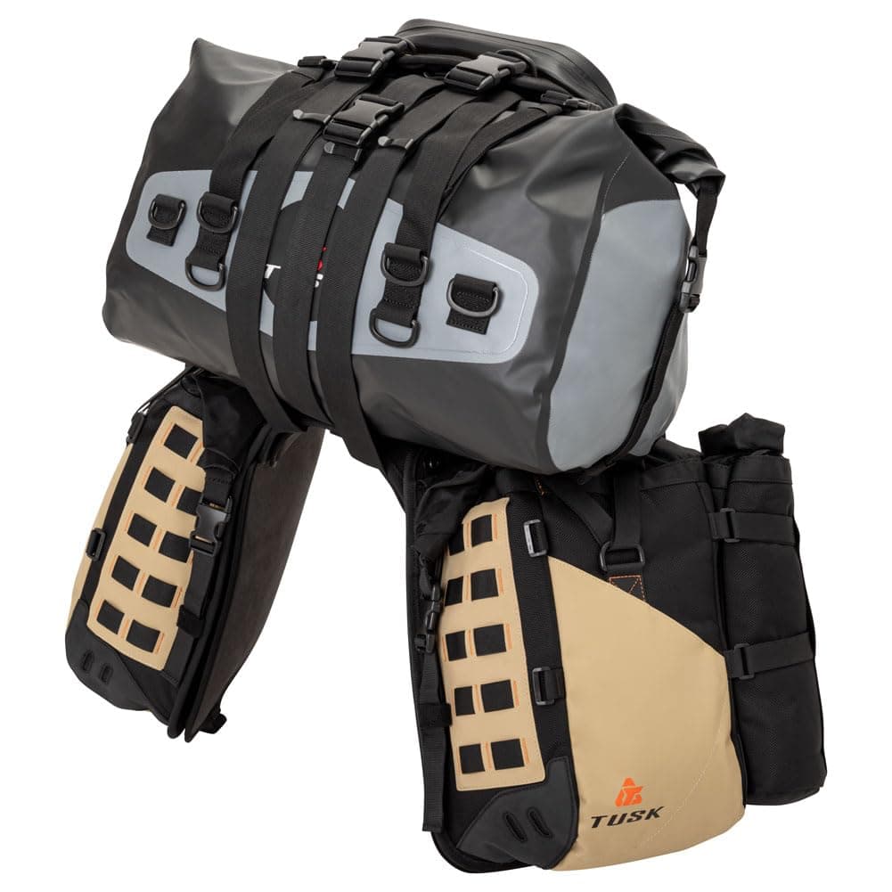 TUSK Highland X2 Rackless Luggage System w/Medium Dry Duffel/Large Bottle Holders Standard Heat Shield Black/Tan