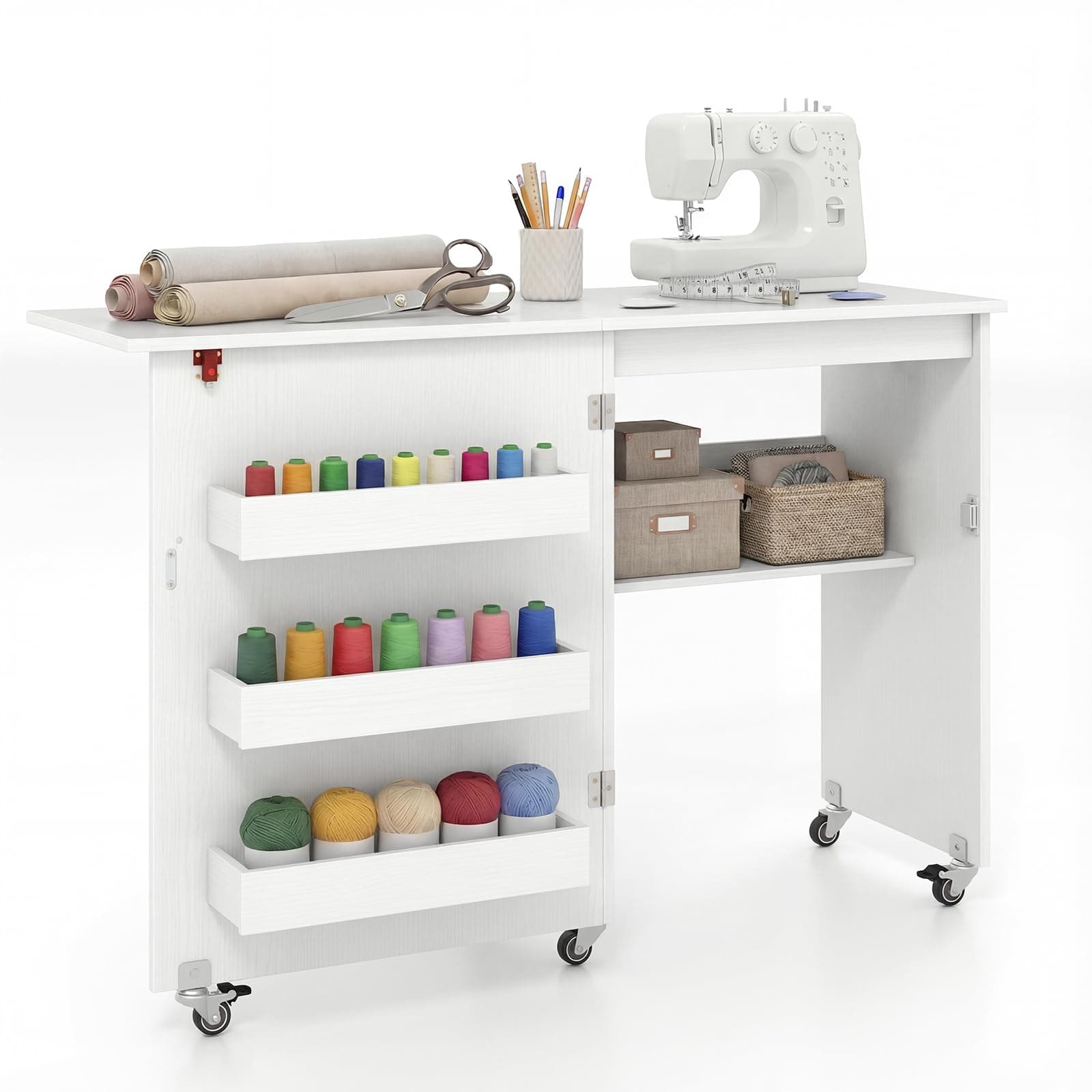 COSTWAY Folding Sewing Table, 2-in-1 Rolling Craft Table with Storage Shelves and Lockable Casters, Space Saving Sewing Machine Cabinet Computer Desk (White)