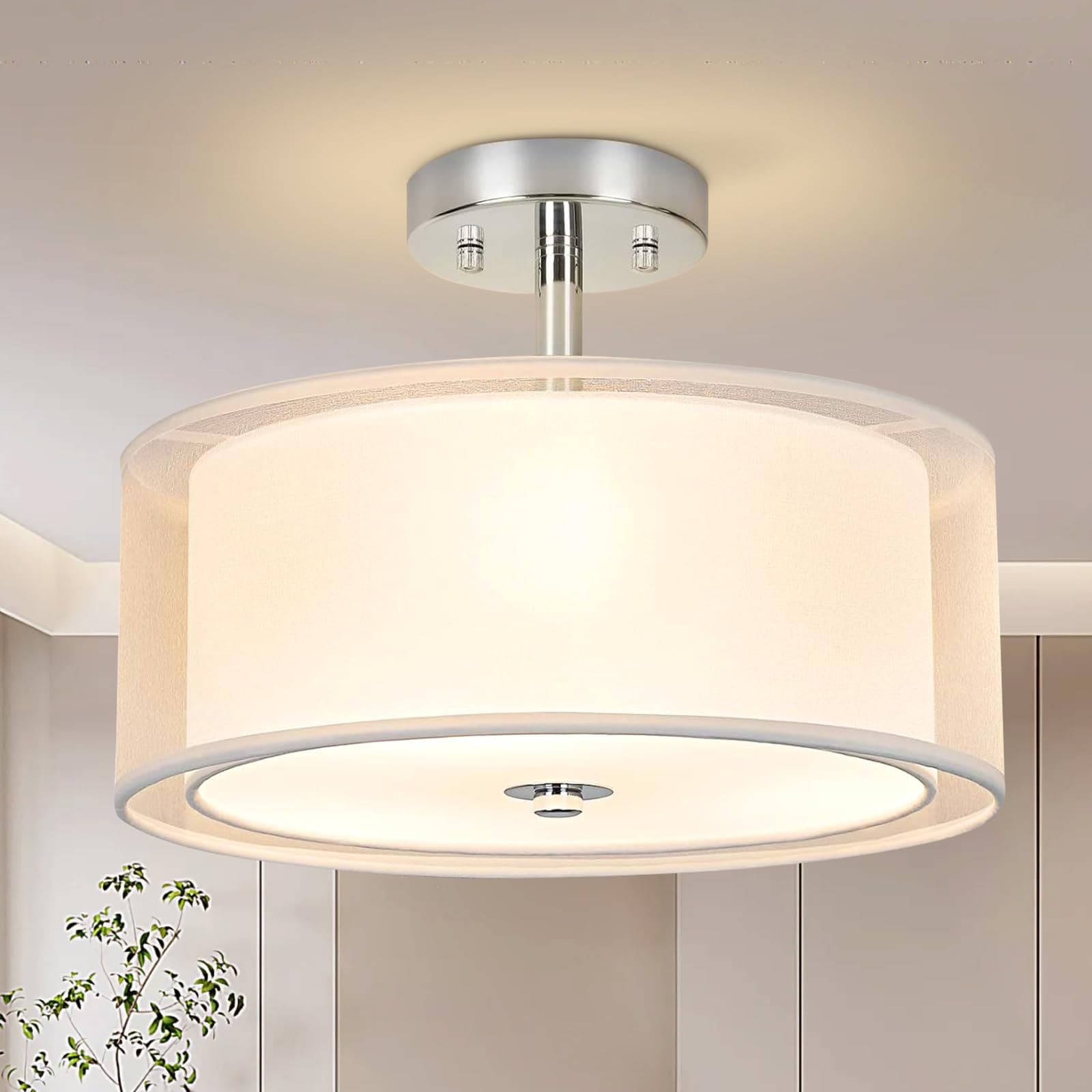 Ceiling Light, 3-Light Ceiling Light Fixture, Semi Flush Mount Ceiling Light, Light Fixtures Ceiling Mount with Double Fabric Shade, Bedroom Lights for Ceiling,White Ceiling Light Fixtures for Bedroom