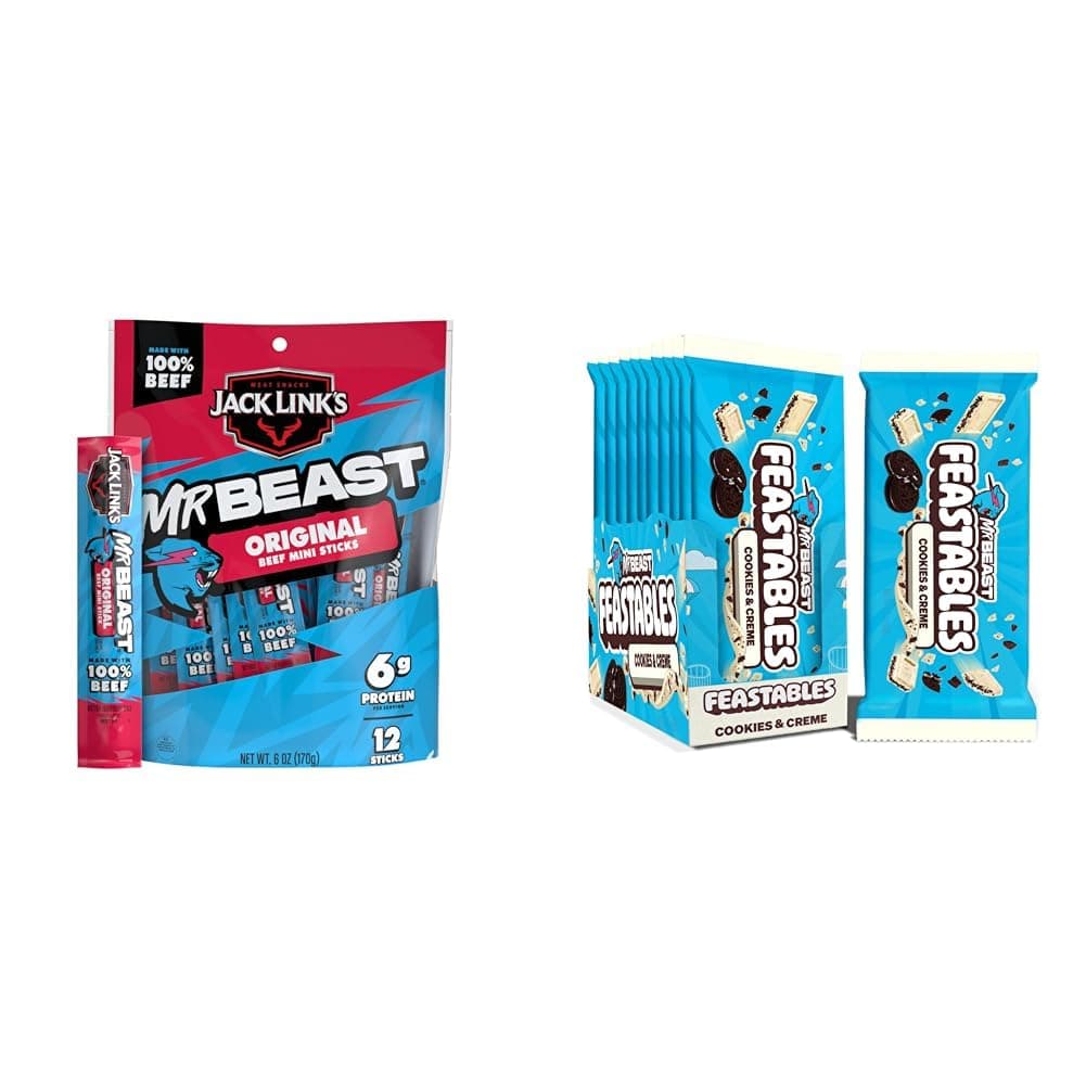 Jack Link’s x Feastables MrBeast Sweet and Savory Bundle, Original Mini Beef Sticks – 6g Protein per Serving, Cookies & Creme Chocolate Bars, 12 0.5oz Meat Sticks and 10 2.1oz Chocolate Bars
