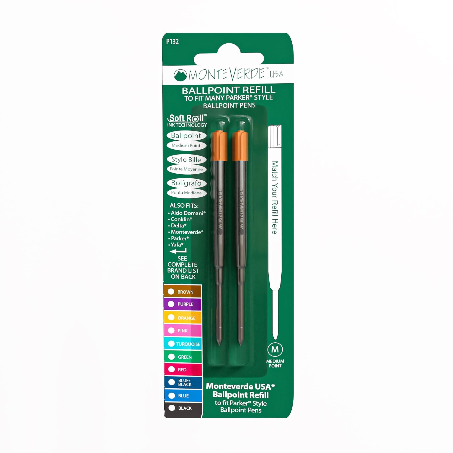 Medium Ballpoint Soft Roll Refill for Parker Pens - Orange (Pack of 2)