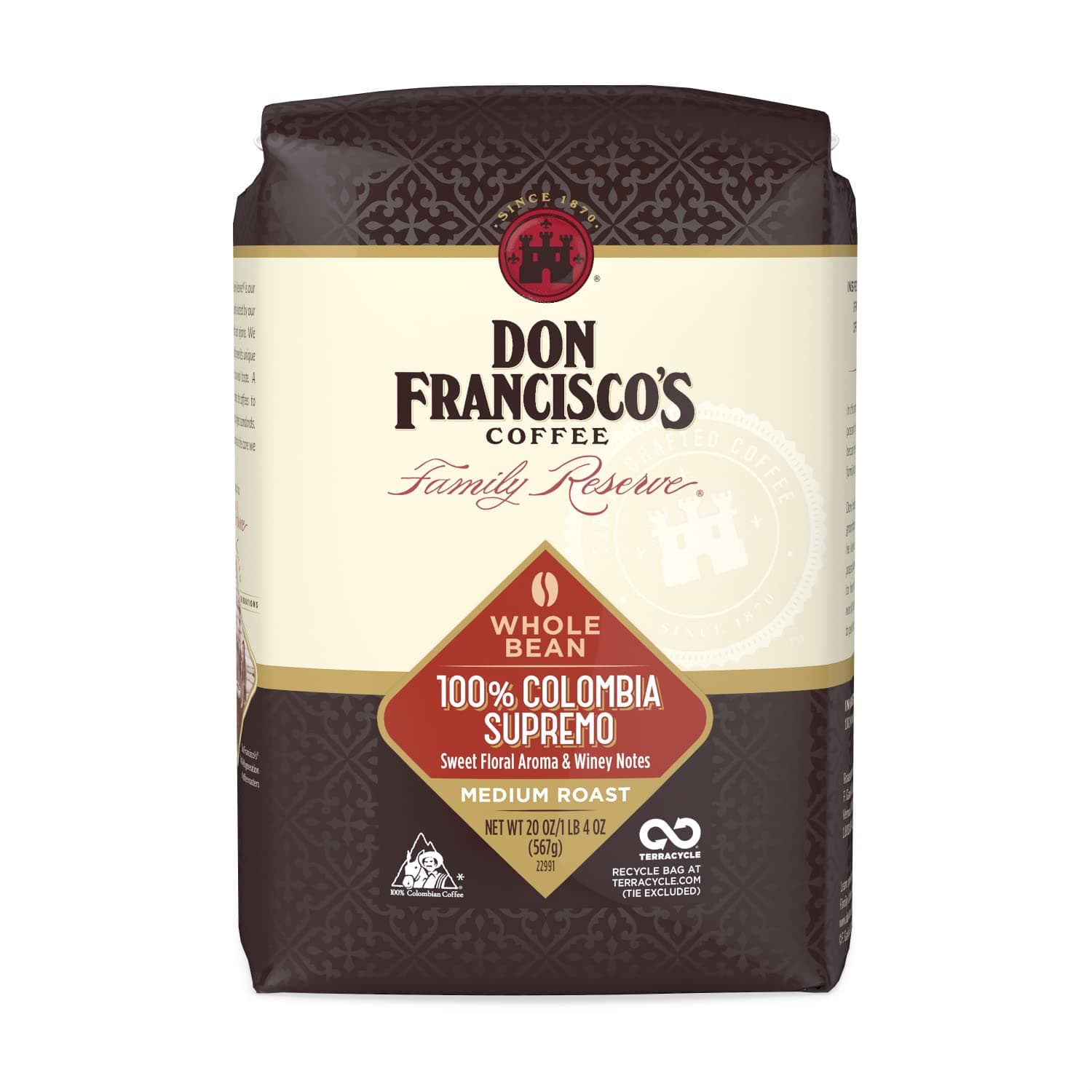 Don Francisco's 100% Colombia Supremo Whole Bean Coffee, Medium Roast – 100% Arabica, 20 oz Bag, Premium Coffee for Drip, Pour Over and French Press