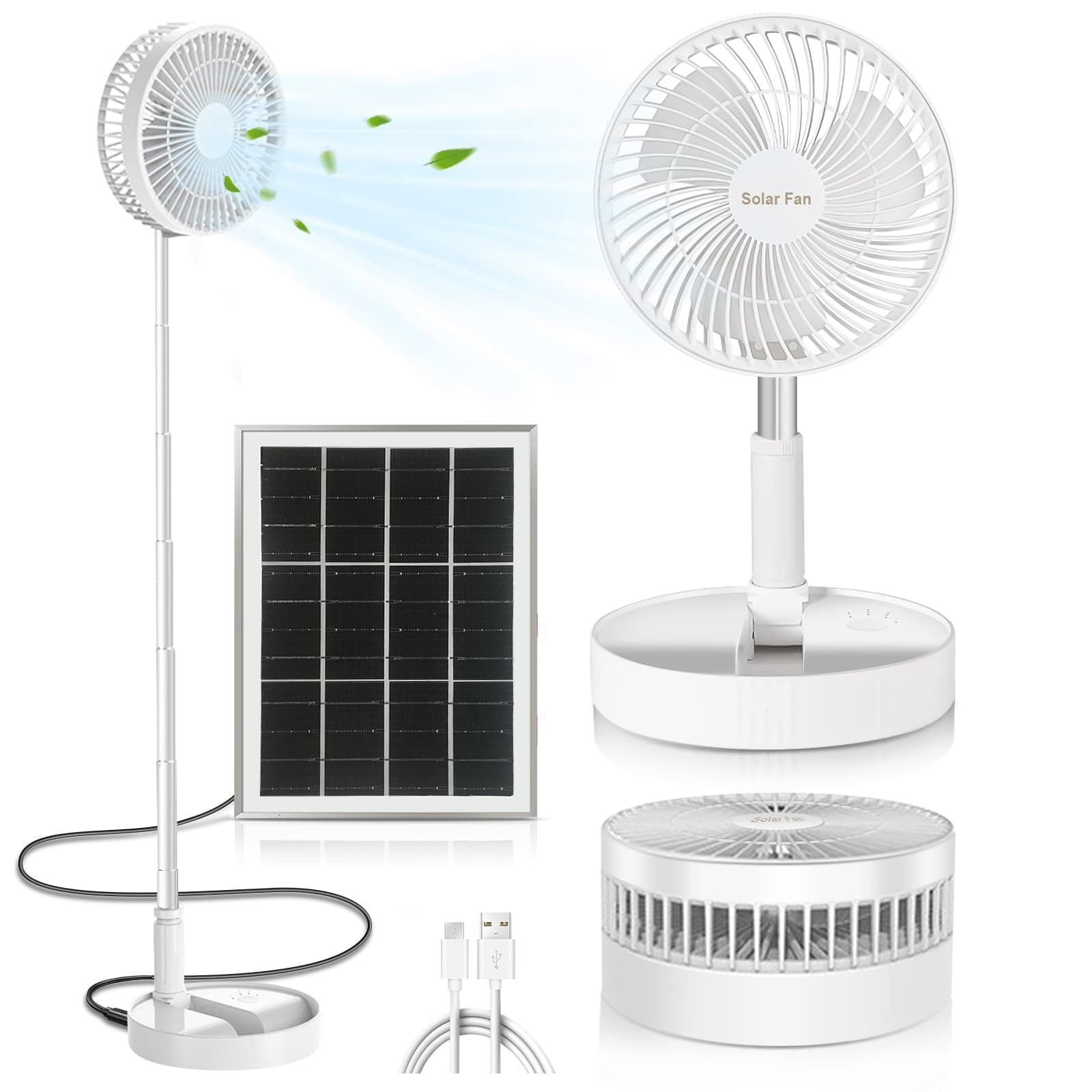 Portable Standing Fan with Solar Panel, Battery & Solar Powered Fan for Travel, 8" Rechargeable USB Foldable Compact Pedestal Fan, 3 Speeds Quiet Telescopic Desk Fan for Home Bedroom Camping
