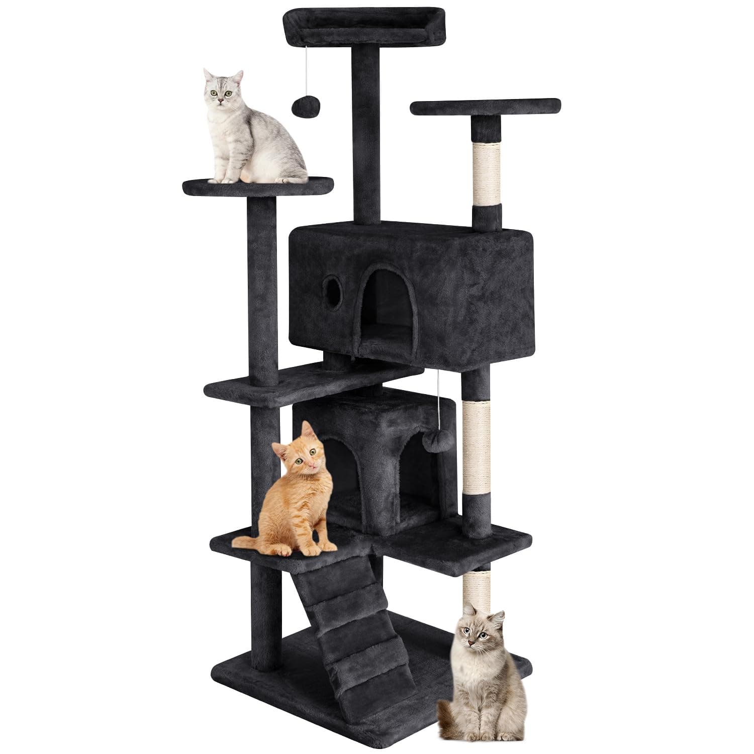 PayLessHere Cat Tree 54in Cat Tower with Cat Scratching Post,Multi-Level Cat Condo Stand House Furniture Kitty Activity Center with Furry Ball Toys Cat Tree for Indoor Cats (54in, Dark Grey)