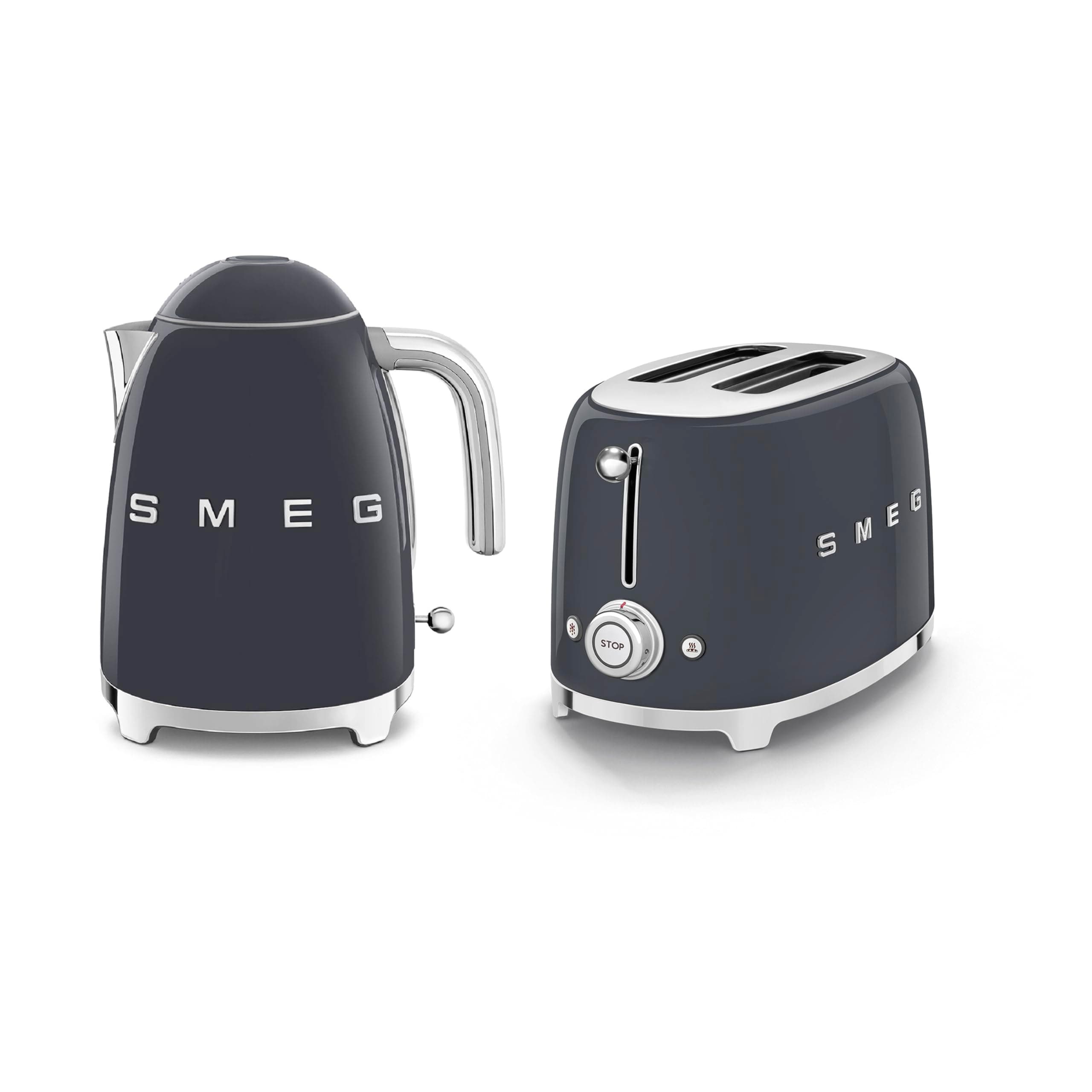 Smeg 50’s Style Retro Range Breakfast Set, 1.7L 3000W Kettle and Multi-Functional Control 2-Slice 950W Toaster, Slate Grey, KLF03GRUK/ TSF01GRUK