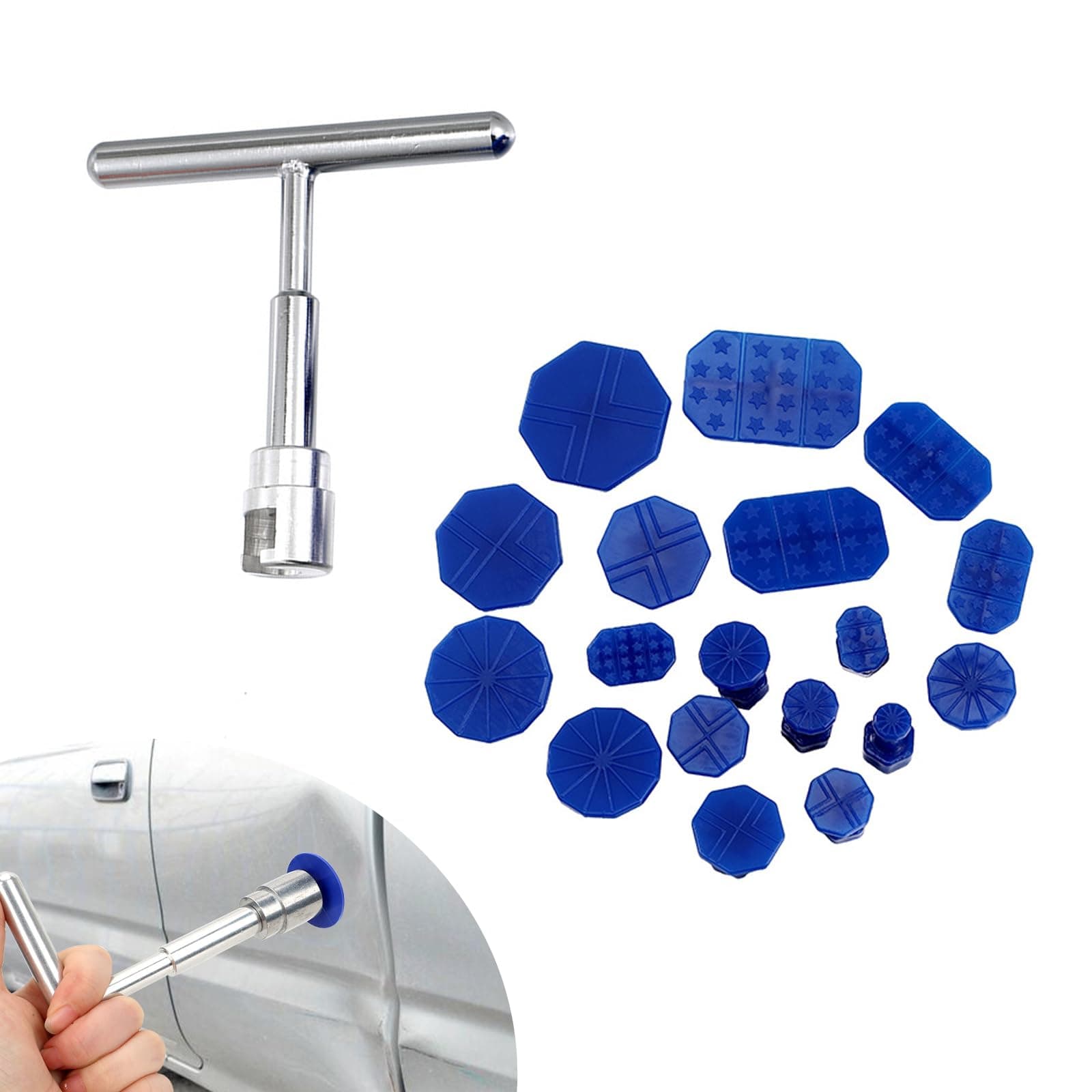 Pack-19 T-Shape Car Dent Repair Puller, Durable Metal Vehicle Body Dent Puller Kit with Gasket, Universal Automotive Repair Accessories for Truck SUV Car (Silver & Blue)