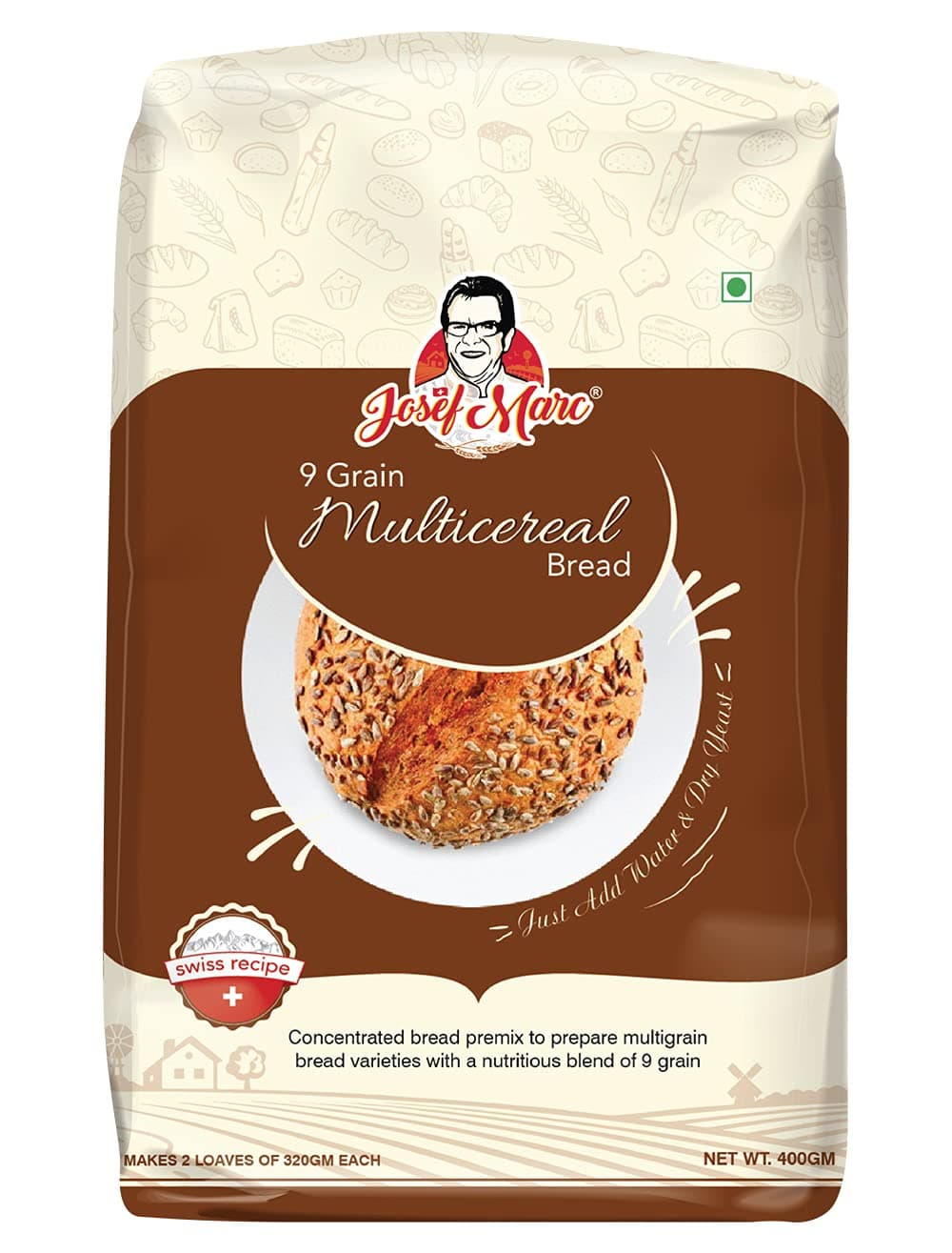 JOSEF MARC 9 Grain Multicereal Bread Mix, 400g - 9 Grain Bread Mix, No GMO, No Artificial Color or Preservatives | Formulated in Switzerland