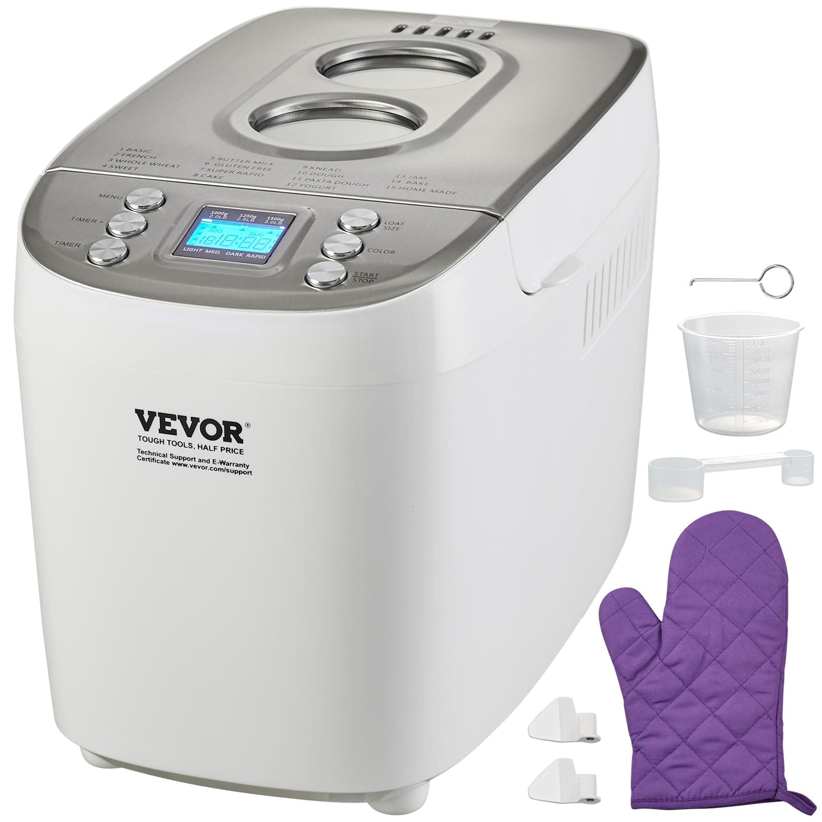 VEVOR Bread Maker, Dough Machine 15 Menus in 1, Non-Stick Ceramic Pan Automatic Breadmaker with Non-Gluten Setting, Whole Wheat Bread Making, Digital, Programmable, 3 Loaf Sizes, 3 Crust Colors, White