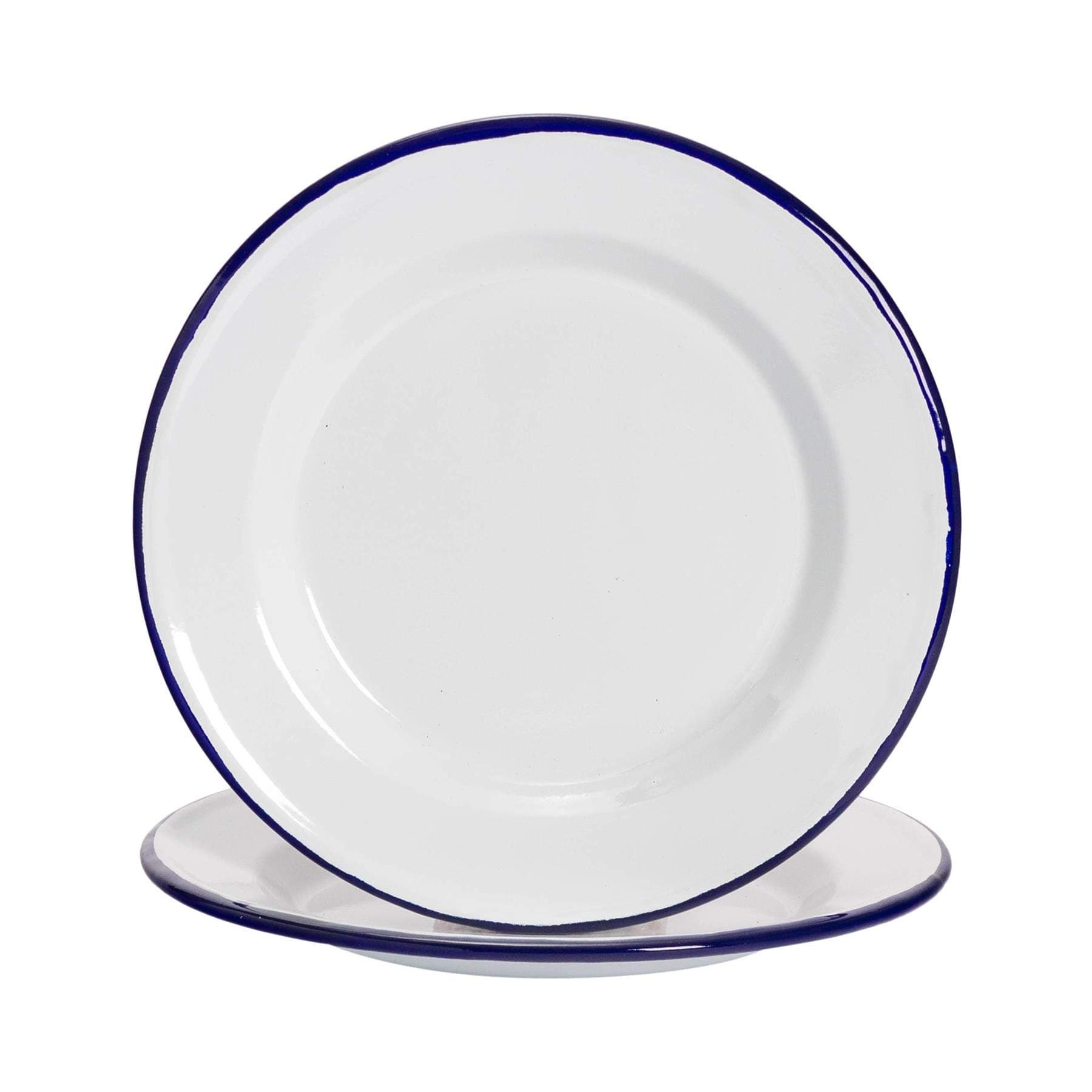 Argon Tableware Premium White Enamel Dinner Plates - 219mm / 9" - Blue Trim - Pack of 2