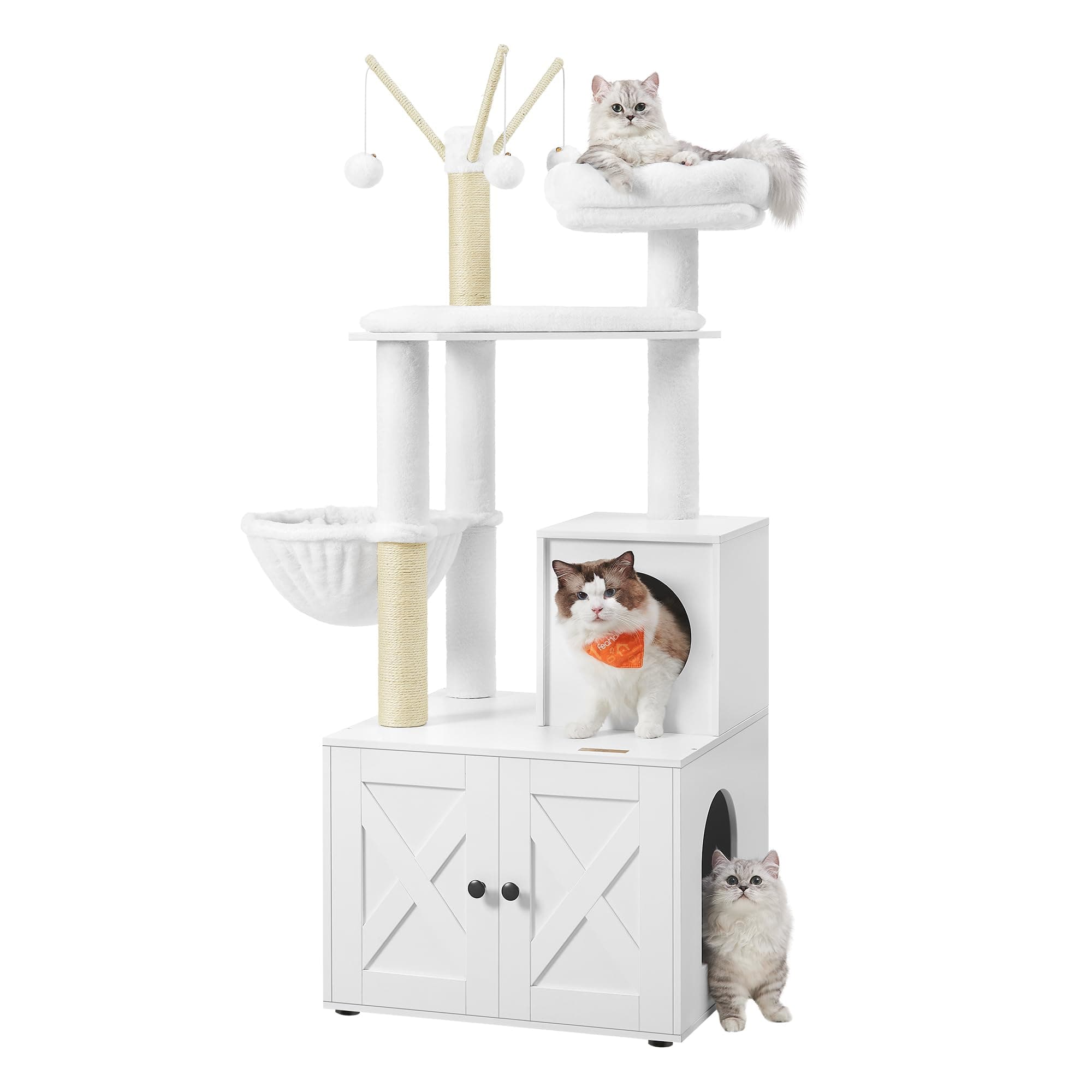 Feandrea 2-in-1 Modern Cat Tree with Litter Box Enclosure, Cat Condo with Scratching Posts, Removable Pompom Sticks, Washable Cushions, Cloud White