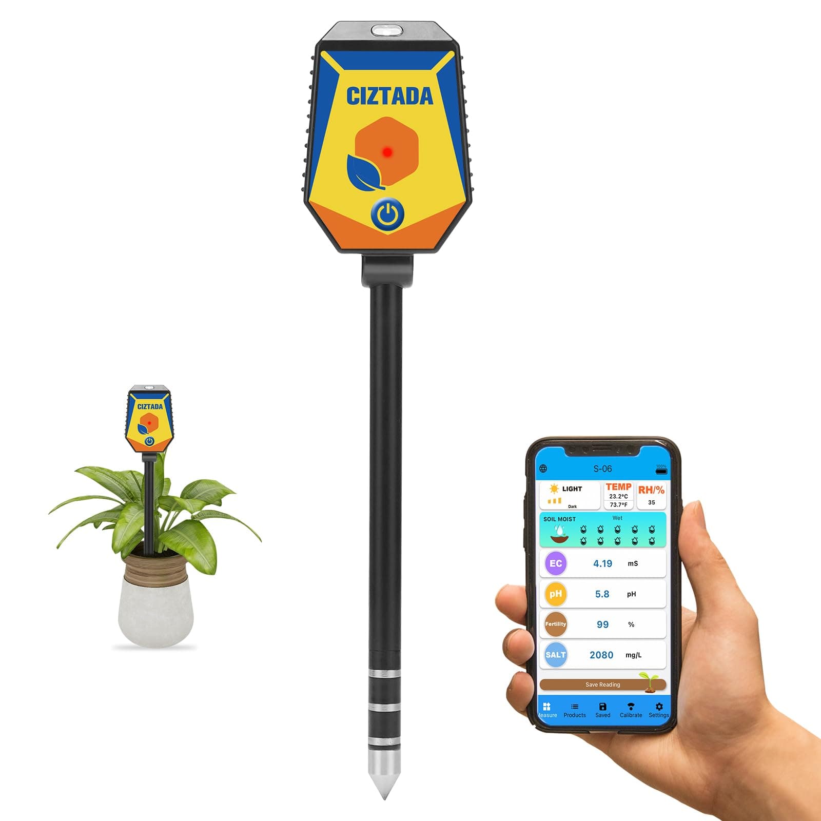 Smart Soil Moisture Meter pH Salinity Tester 8 in 1 Moisture pH Light Environment Humidity Fertility EC Salt Temp Soil Meter for Indoor/Outdoor Plants with App Monitor for Garden, Lawn, Farm