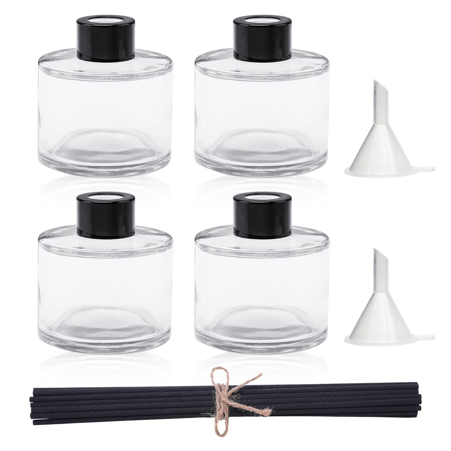 4PCS Fragrance Glass Diffuser Bottles, Refillable Diffuser Bottles with 20pcs Reeds Sticks & Black Caps & Funnel, Diffuser Jars for Home Oil Fragrance Decoration Girl Women Gift (100ML)