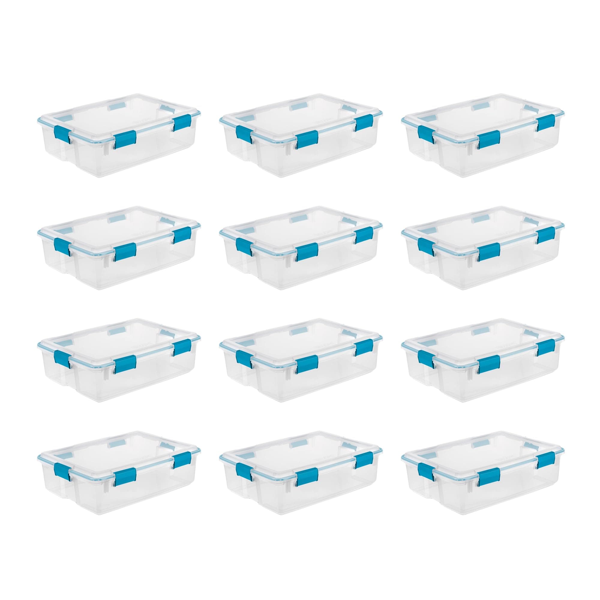 Sterilite37 Qt Gasket Box, Stackable Storage Bin with Latching Lid and Tight Seal Plastic Container to Organize Basement, Clear Base and Lid, 12-Pack