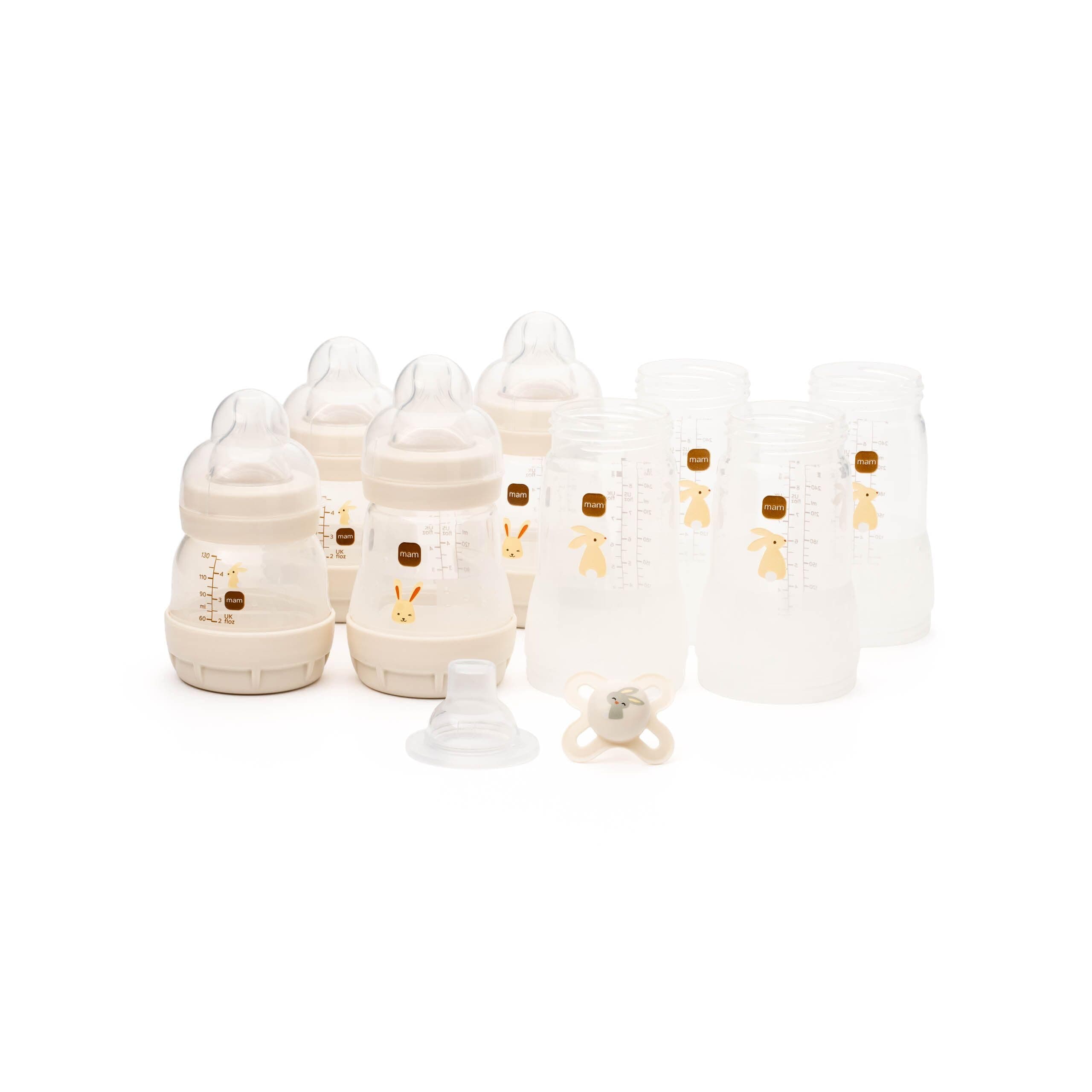 MAM Easy Start Anti-Colic Bottle Starter Set | Includes 4X Feeding Bottles and MAM Original Start 0-2 Month Soother | Self-Sterilising | Baby Gift Set of Newborn Essentials | White (Various Designs)