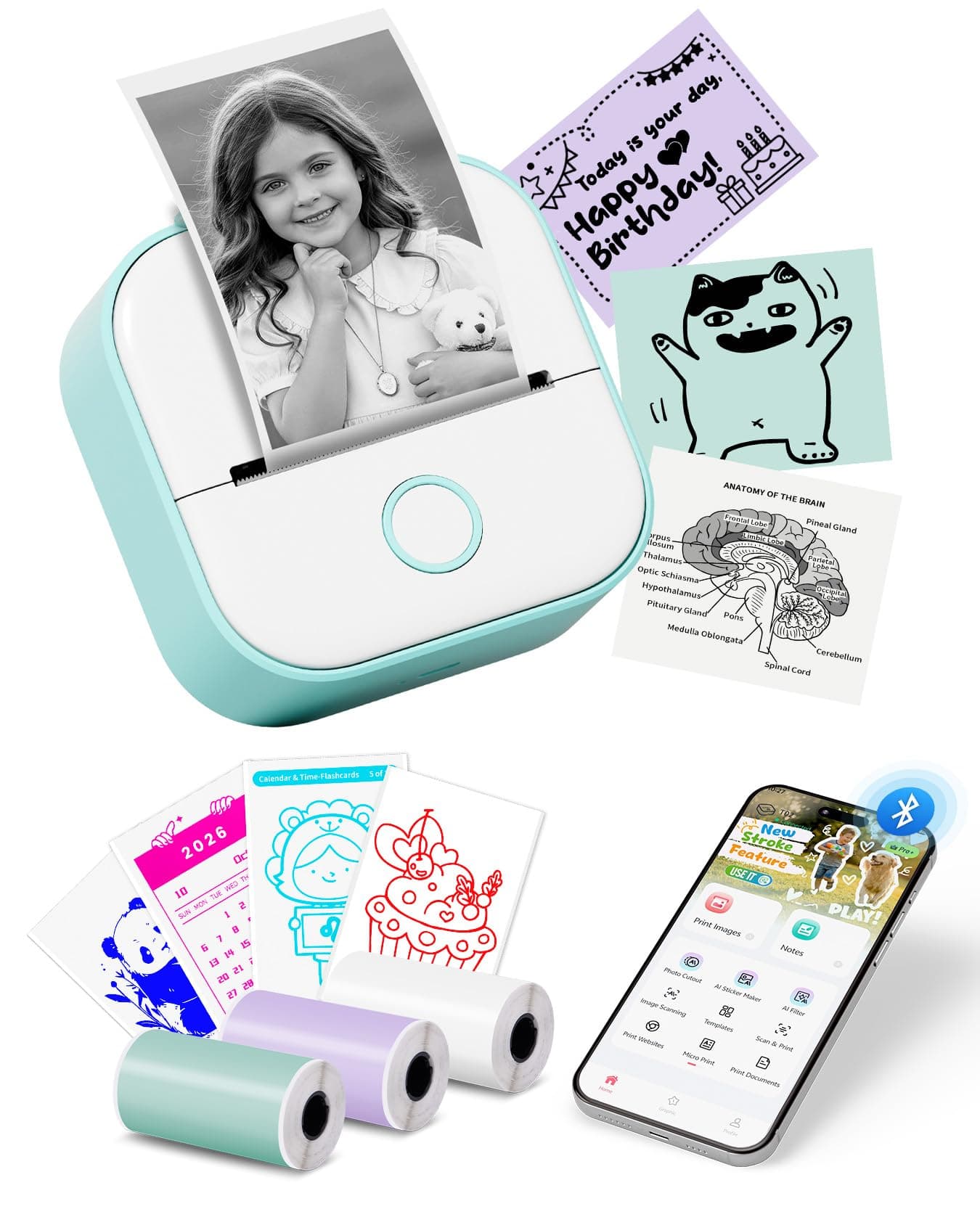 Memoking Mini Sticker Printer - T02 Mini Thermal Printer Portable Pocket Label Maker Bluetooth Photo Print Pods Inkless Sticker Maker for Kids, Smart AI APP, for Student Study Note, Journal, DIY, Gift
