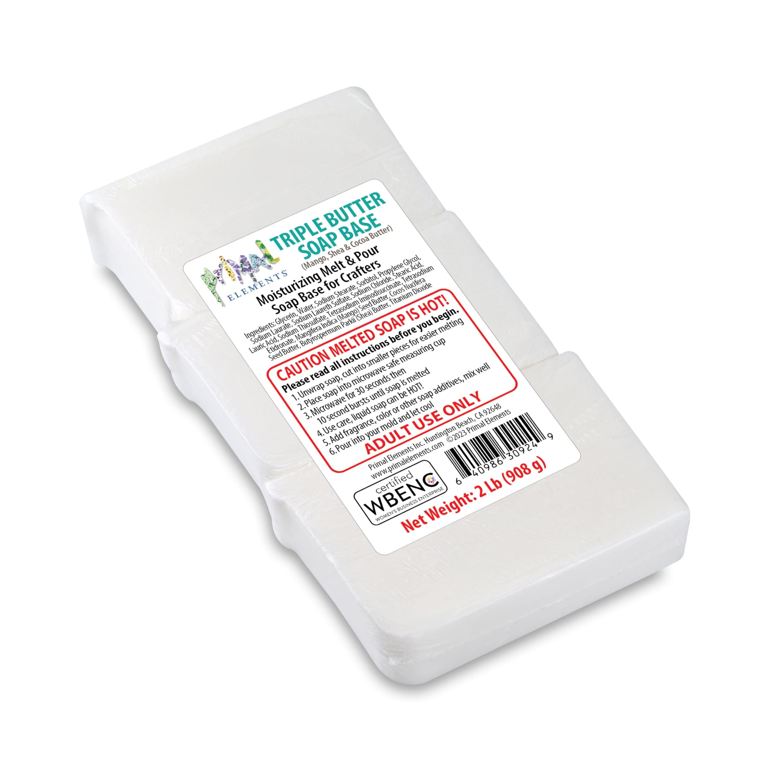Primal Elements Triple Butter Soap Base (Mango, Shea, and Cocoa Butter) - Moisturizing Melt and Pour Glycerin Soap Base for Crafting and Soap Making, Vegan, Cruelty Free, Easy to Cut - 2 Pound