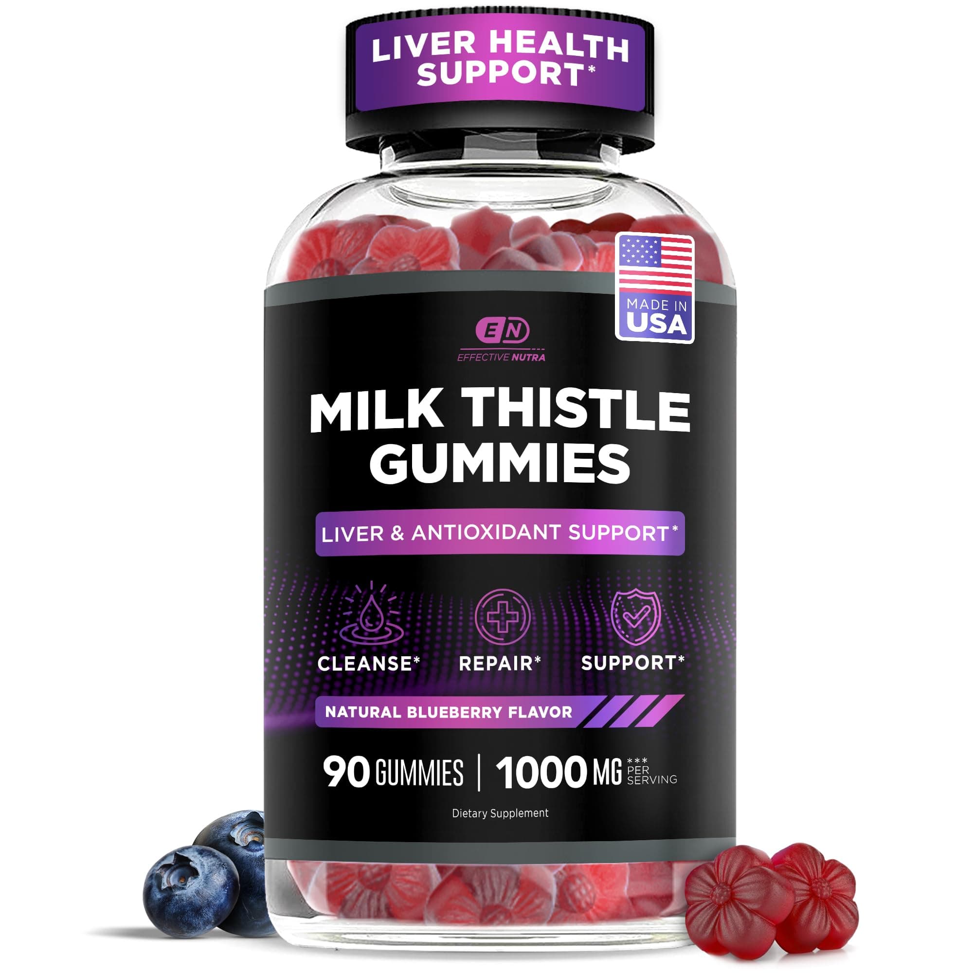 Effective Nutra Milk Thistle Gummies | Sugar-Free Milk Thistle Extract 1000mg for Liver Detox & Antioxidant Support | Vegan, Gluten-Free| 45-Day Supply, Natural Berry Flavor, Made in USA (90 Count)