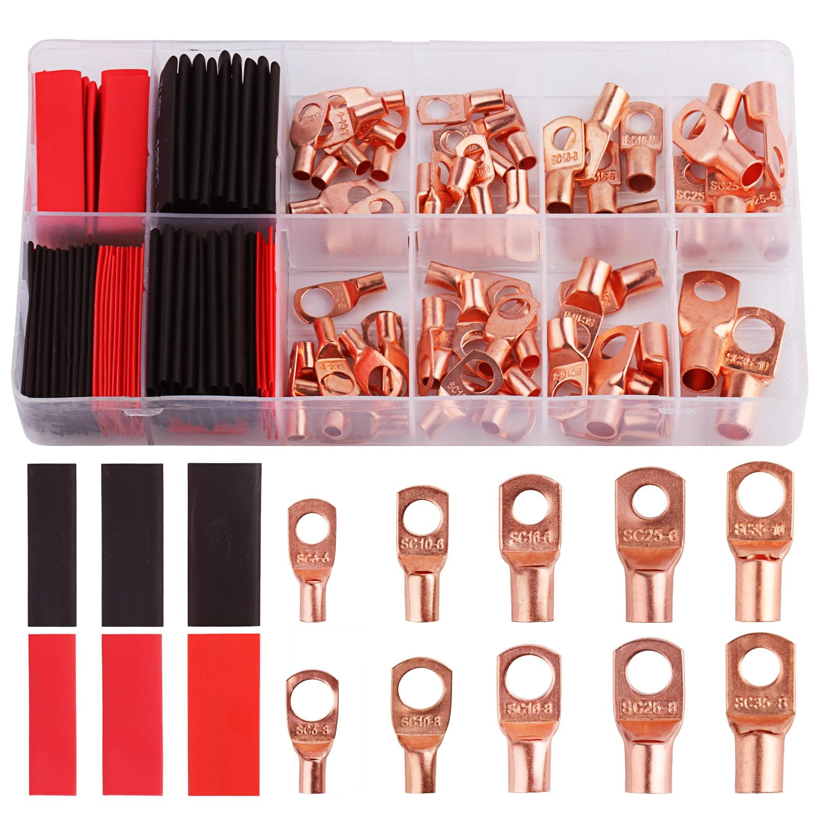 Battery Cable Ends, 150pcs Copper Cable Wire Lugs, AWG 2 4 6 8 10 12 Gauge Wire Connectors, Copper Battery Terminal Connectors, Ring Terminals Connectors, Contain 80pcs Heat Shrink Tubing