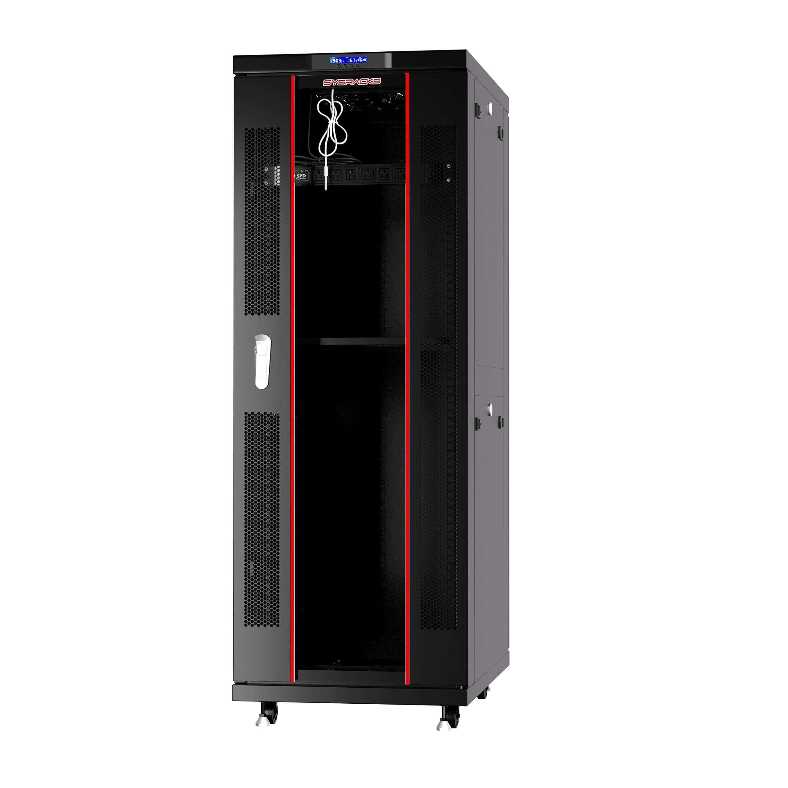 42U Server Rack Cabinet – 32" Deep Network Rack Enclosure on Wheels – Glass Door, 4 Cooling Fans, Temperature Controller, Shelf, 8-Way PDU – 19" IT & AV Equipment Rack