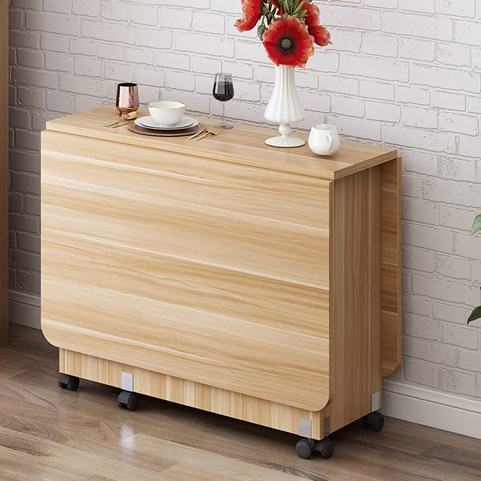 Modern Folding Dining Table, Expandable Kitchen Table with 2 Storage Racks And Wheels, Space Saving Drop Leaf Table for Kitchen/Living Room/Home Office-1.4M