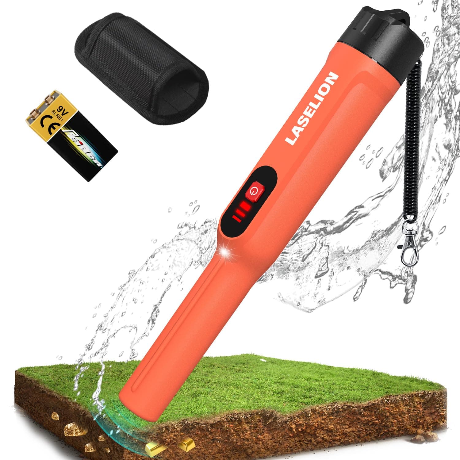 LASELION Metal Detector Pinpointer, Professional IP68 Fully Waterproof 360°Detection Handheld Pin Pointer Wand, Search Treasure Pinpointing Finder Probe with 9V Battery for Adults, Kids - Orange