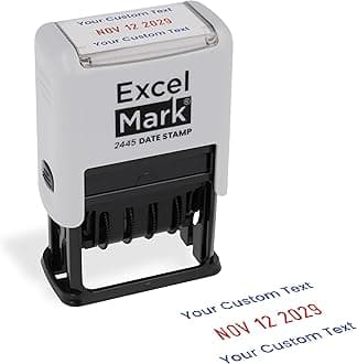 ExcelMark 2445 Date Stamp with Text - Blue and Red Ink (Gray Mount, Custom)